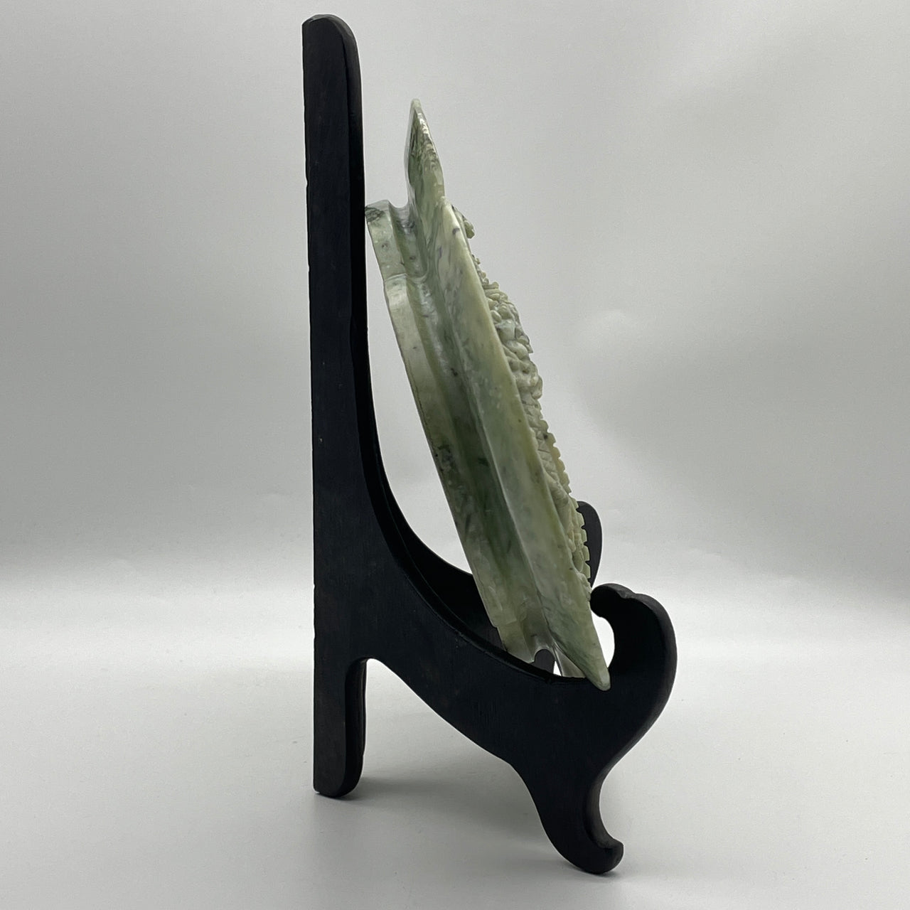 Natural Green with Dark Green and Black Piao Hua Serpentine Dragon and Phoenix Plate with Wooden Stand Display 2,258.5g 385.0 by 110.0 by 275.0mm