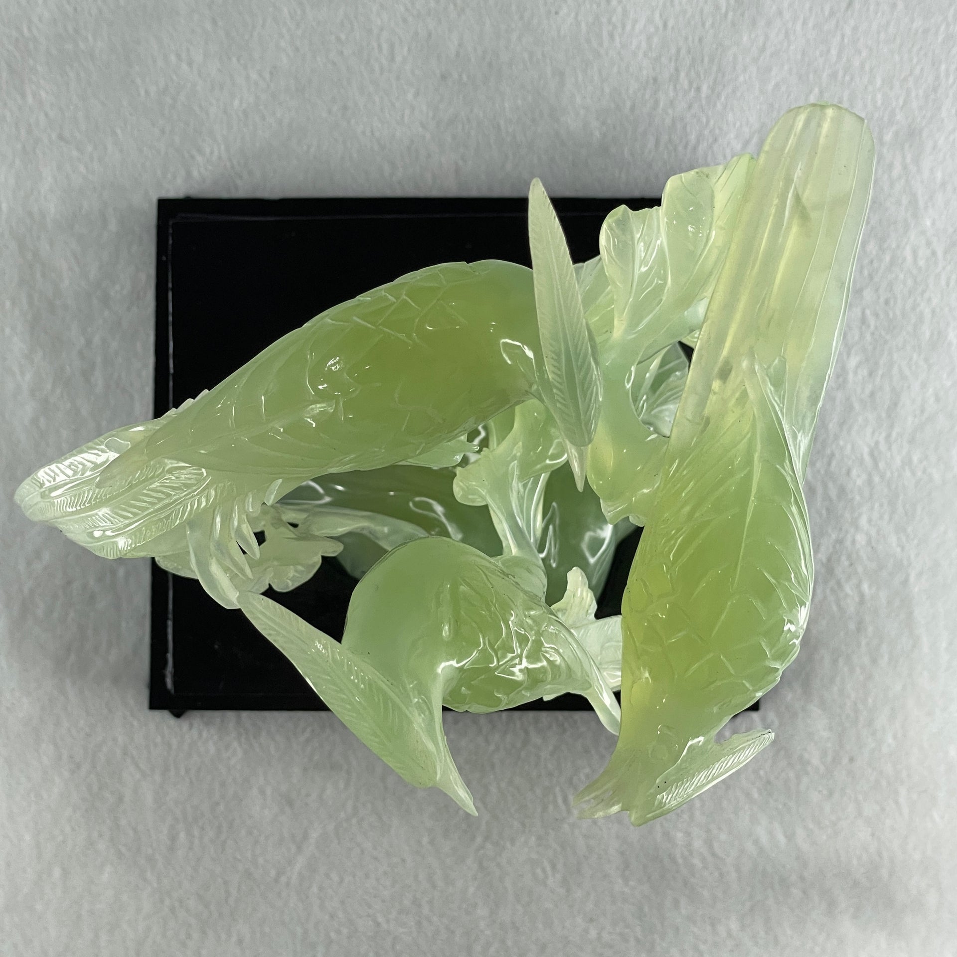 Natural Green Serpentine 3 Phoenix on Tree with Wooden Stand Display 1,022.5g 175.0 by 150.0 by 245.0mm - Huangs Jadeite and Jewelry Pte Ltd