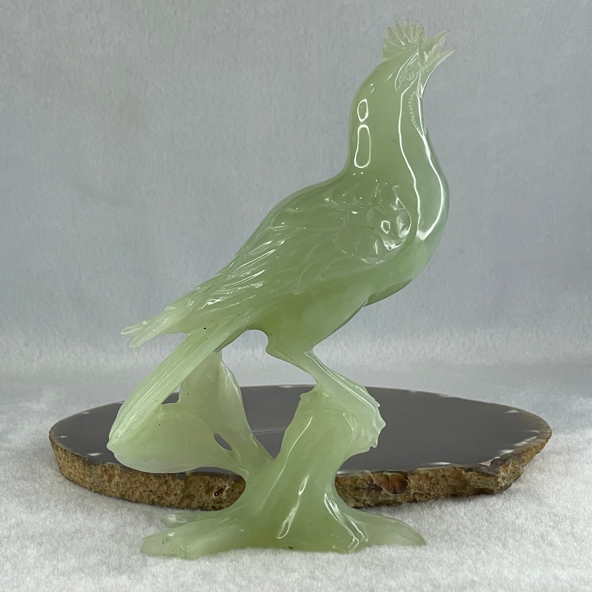 Natural Green Serpentine Bird with Wooden Stand Display 316.4g 117.3 by 76.2 by 175.0mm - Huangs Jadeite and Jewelry Pte Ltd