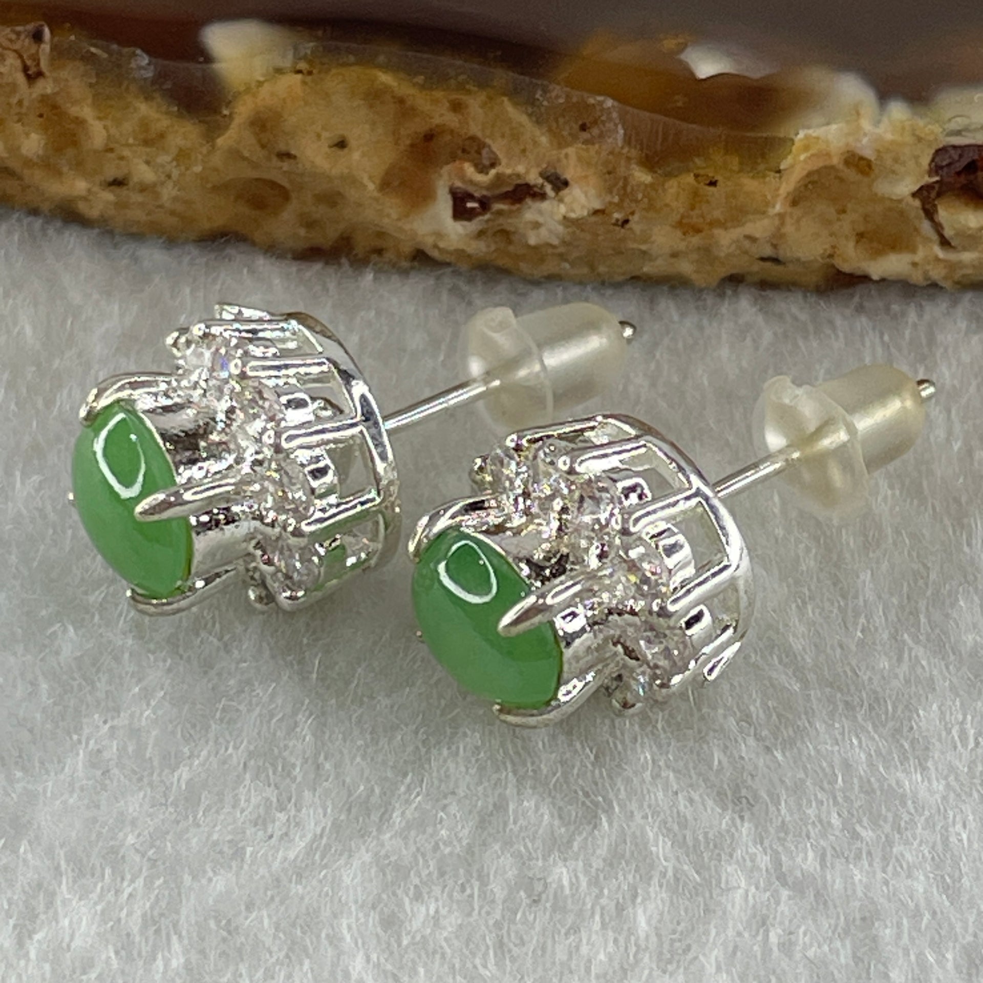 Type A Natural Green Jadeite Cabochon 6.7 by 5.2 by 2.5m Stone for Setting 4.46g (On Silver Earrings Mold) - Huangs Jadeite and Jewelry Pte Ltd