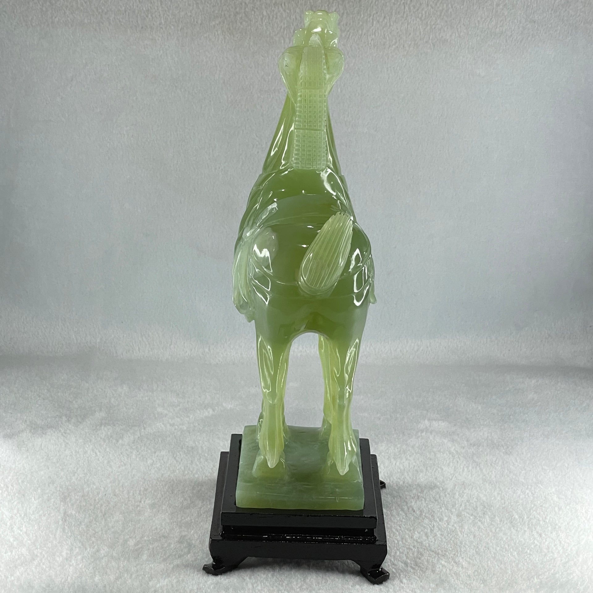 Natural Green Serpentine Horse with Wooden Stand Display 1640.4g 155.1 by 94.8 by 260.0mm - Huangs Jadeite and Jewelry Pte Ltd