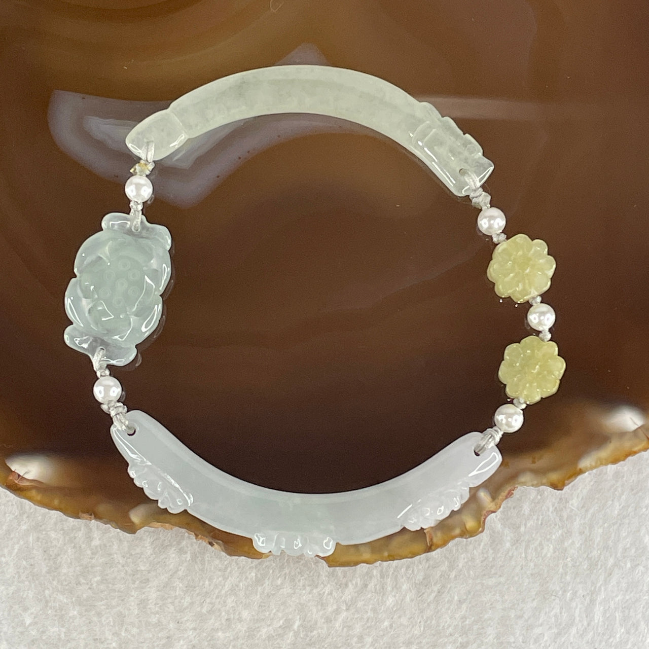 Natural Type A Semi Icy Light Green with Light Lavender Jadeite Flower Bracelet 16.97g 18cm 5.9 by 9.1mm - 22.6 by 14.1 by 5.5mm - Huangs Jadeite and Jewelry Pte Ltd