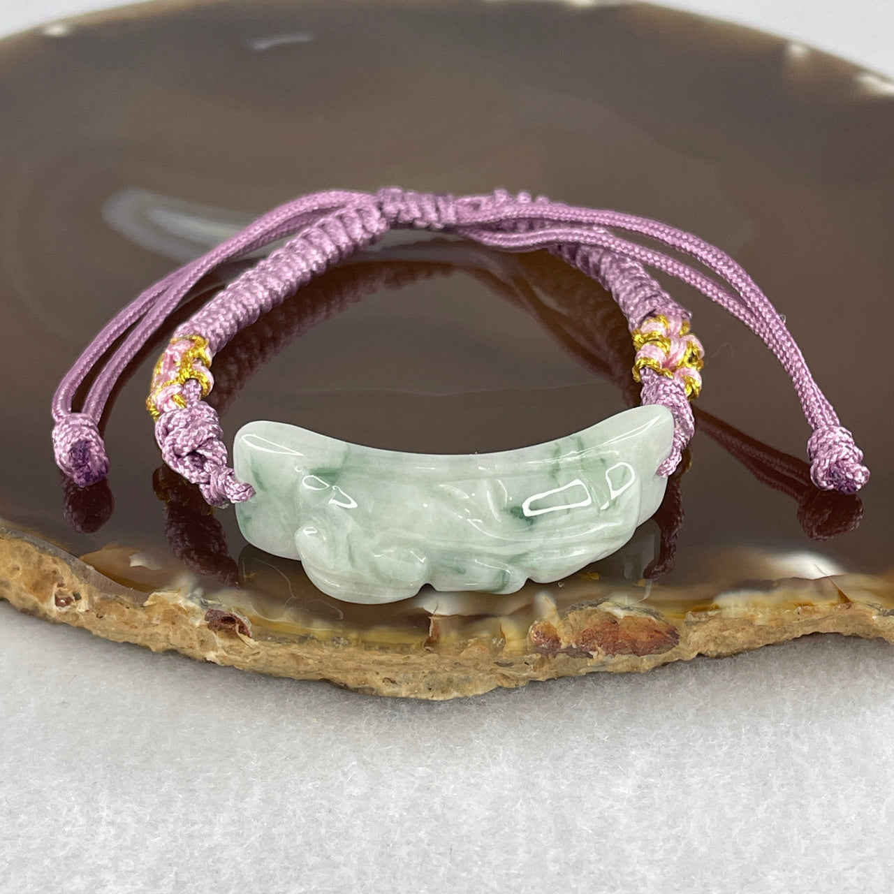 Certified Natural Type A Light Green with Dark Green Piao Hua Jadeite Pixiu in String Bracelet 10.39g 38.4 by 12.3 by 8.1mm