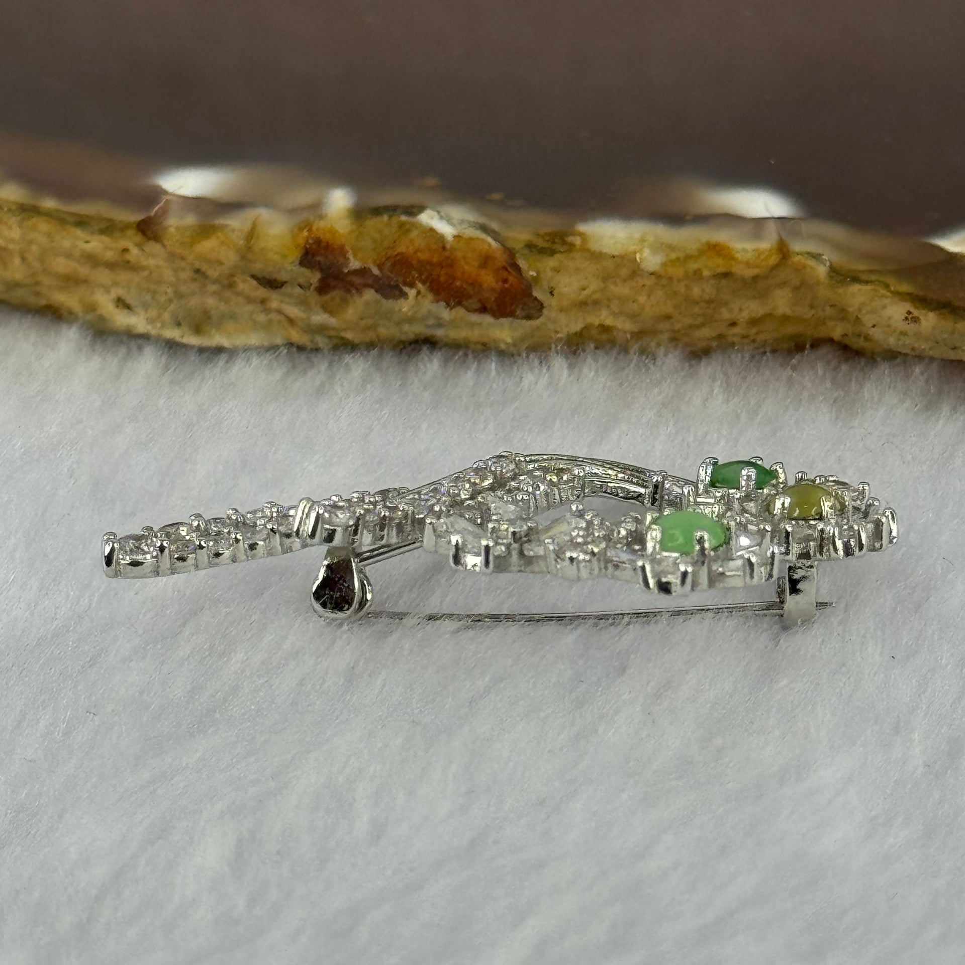 Type A Green Yellow Jadeite with Crystals in S925 Sliver Brooch 4.05g 3.6 by 1.5mm 3pcs - Huangs Jadeite and Jewelry Pte Ltd