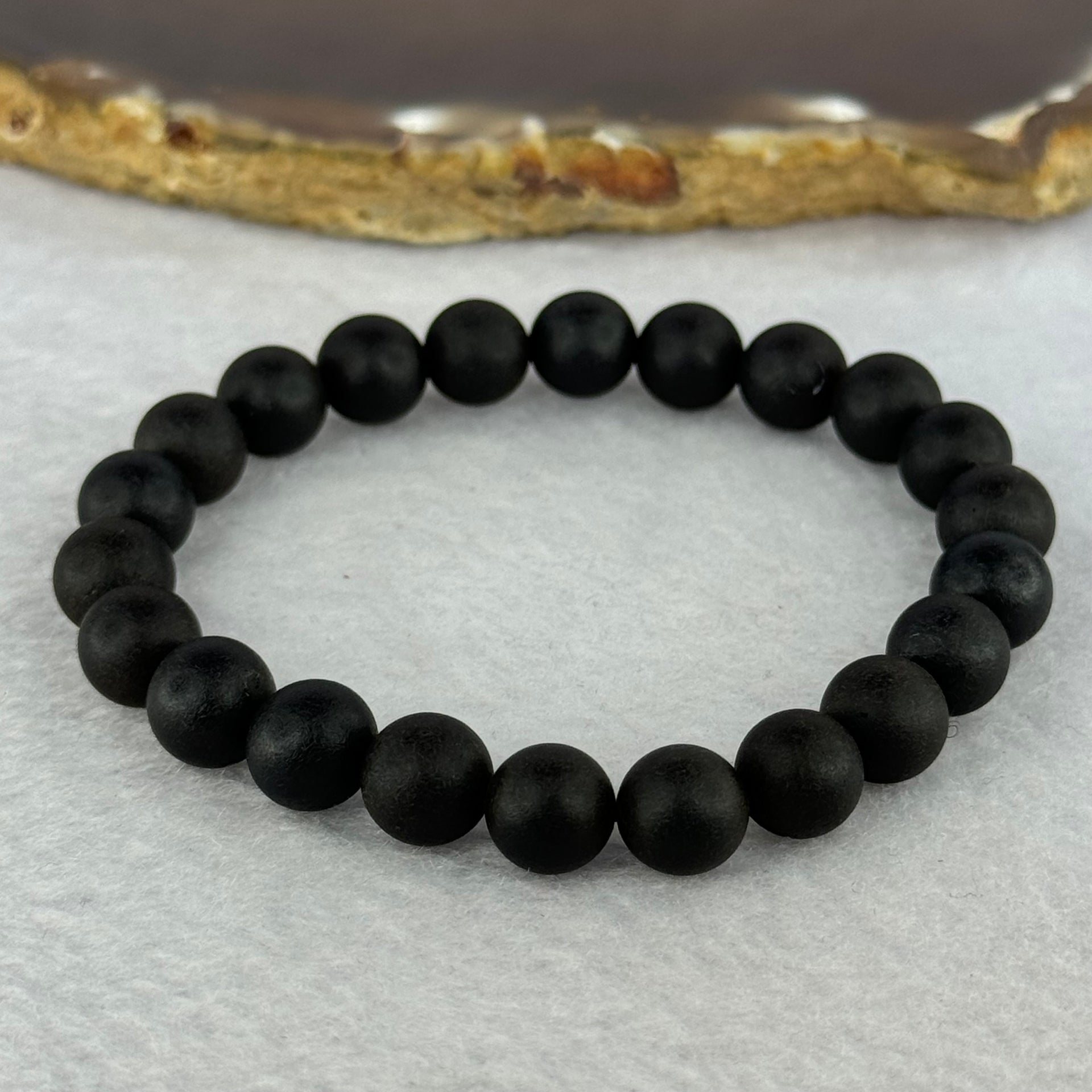 Natural Dark Matt Black Amber Beads Bracelet 天然大黑天翁琥珀手链 6.37g 14cm 8.1mm 22 Beads - Huangs Jadeite and Jewelry Pte Ltd