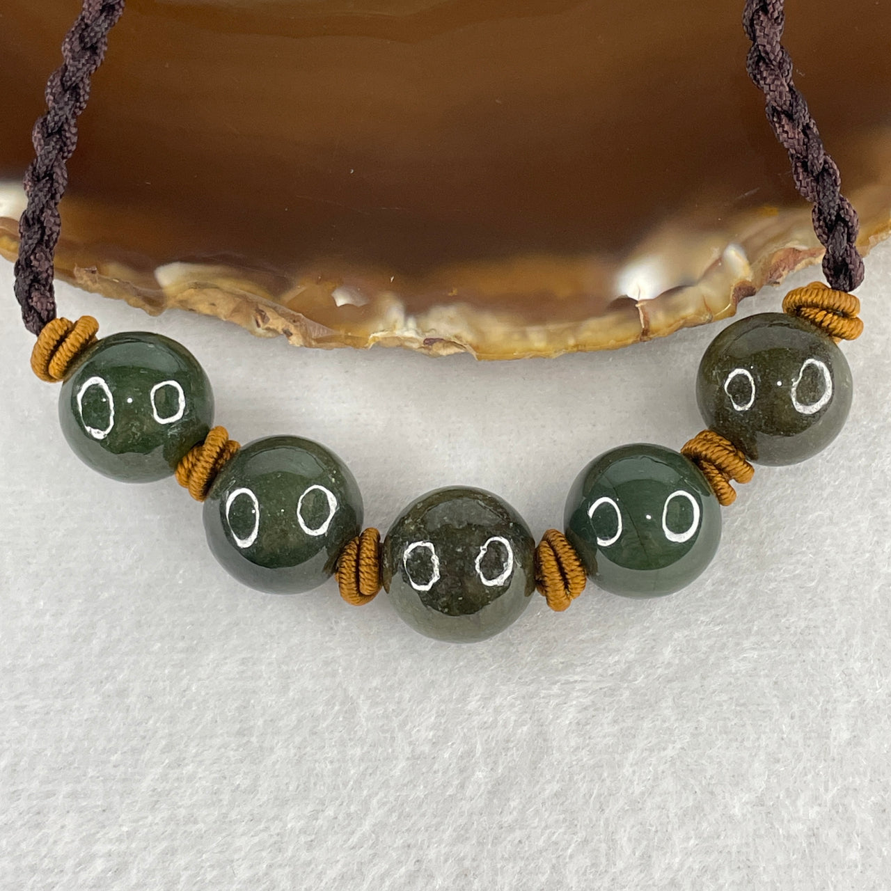 Natural Grade A Green Jadeite 5 Beads String Necklace – Large 14.0mm Beads – 24.22g Untreated Jade