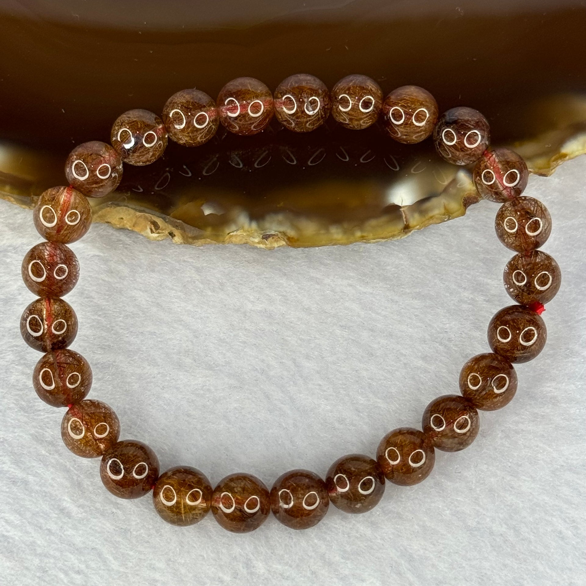 Natural Copper Rutilated Quartz Beads Bracelet 天然銅髮晶手镯 16.22g 16cm 7.9mm 25 Beads - Huangs Jadeite and Jewelry Pte Ltd