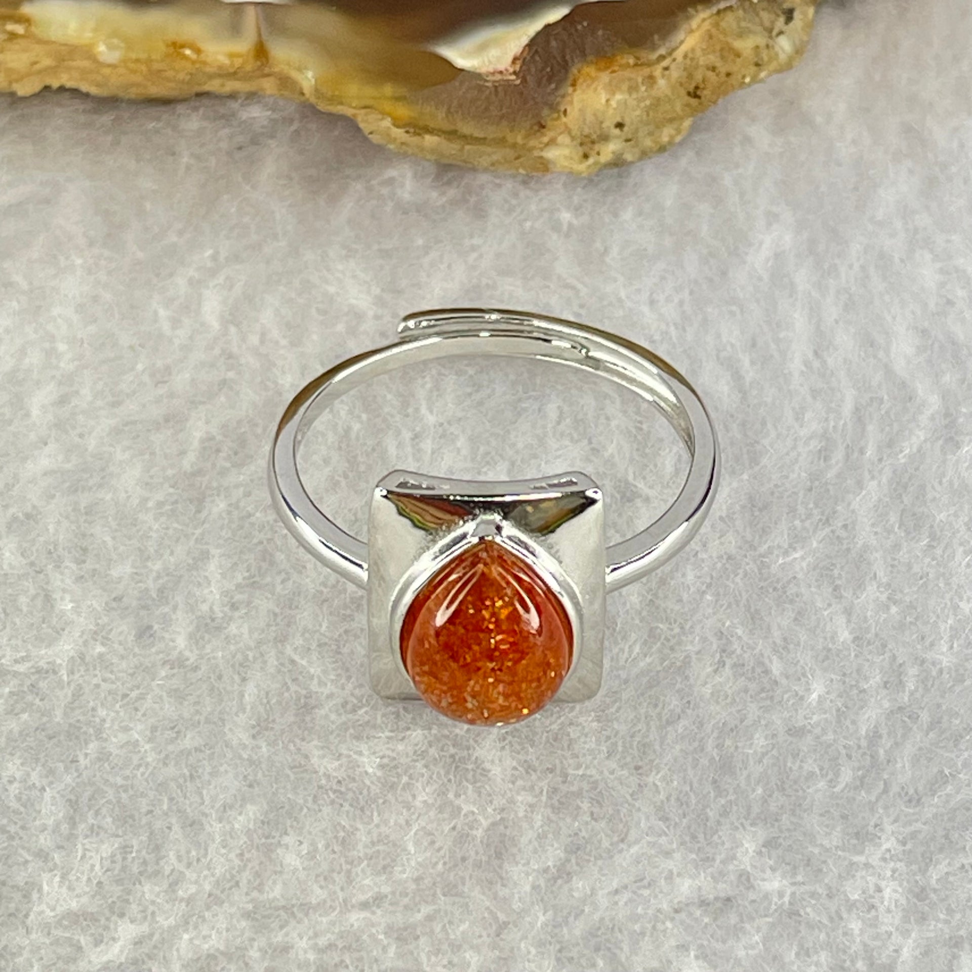 Good Grade Natural Golden Sun Stone in S925 Silver Ring (Adjustable Size) 2.21g 8.9 by 6.8 by 3.5mm - Huangs Jadeite and Jewelry Pte Ltd