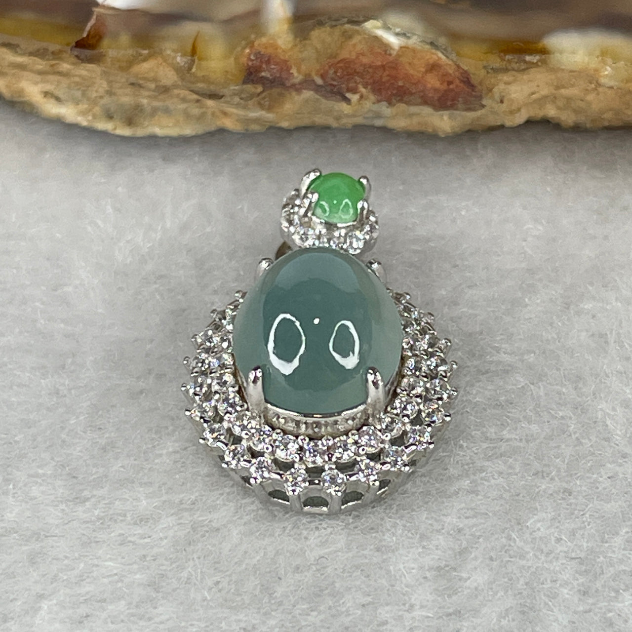 Natural Type A Semi-Icy Blueish Green Jadeite Cabochon Pendant | Premium S925 Sterling Silver Clasp Puffy Glacial Ocean Statement Charm (3.24g 10.3x8.7x6.0mm)