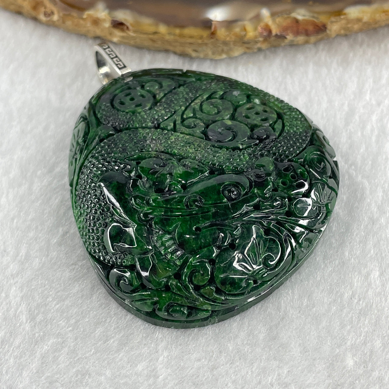 Natural Type A Opaque Old Mine Spicy Green Jadeite Dragon with Coins Ruyi Bat and Flowers Pendant in S925 Silver Clasp 55.90g 52.0 by 45.5 by 13.5mm