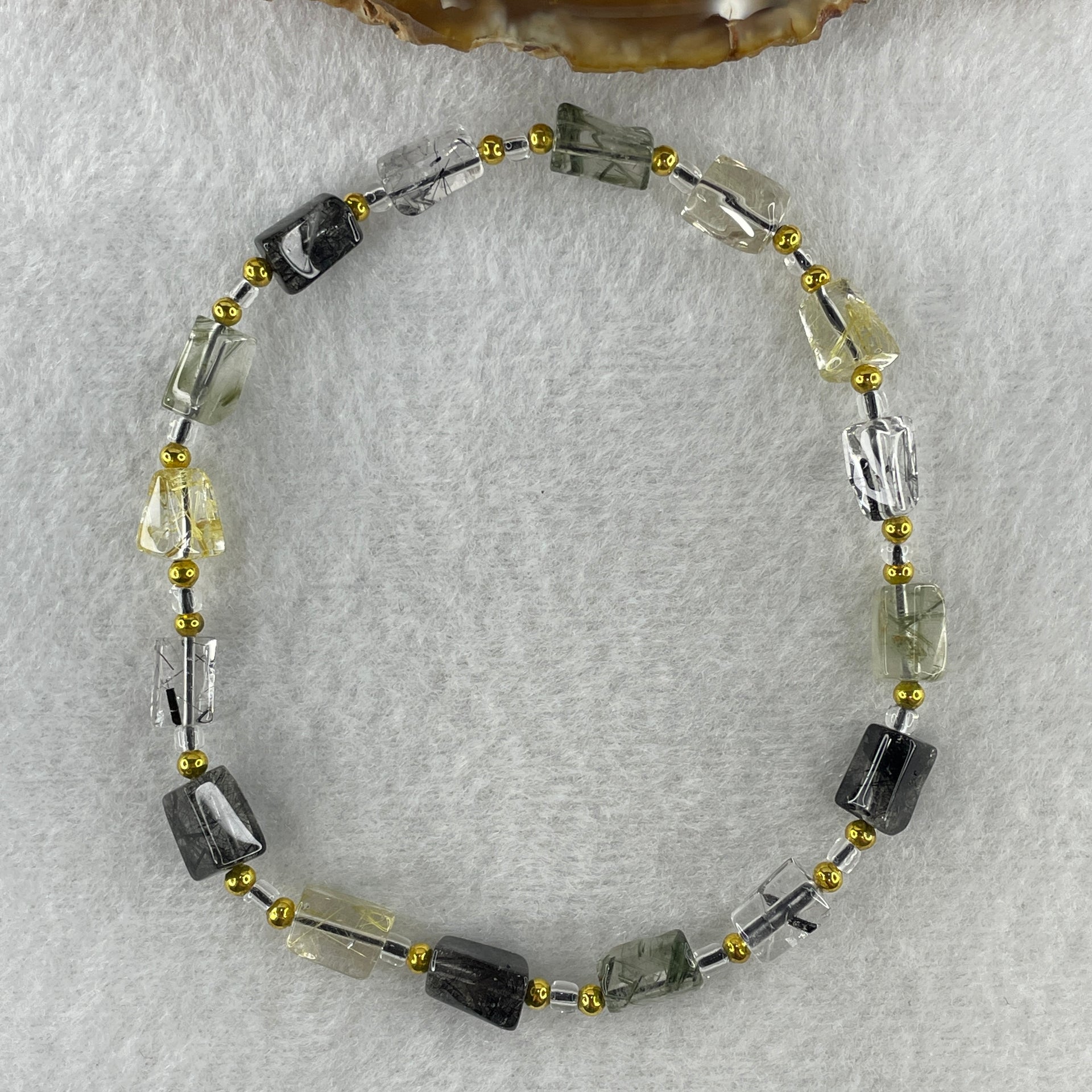 Natural Black with Gold and Green Rutilated Quartz Pebble Shape Beads Bracelet 11.91g 21cm 6.2mm 16Pcs - Huangs Jadeite and Jewelry Pte Ltd