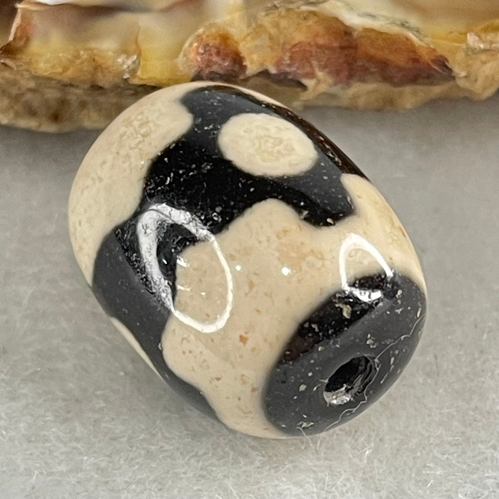 Natural Powerful Tibetan Old Oily Dark Brown With White Agate 3 Eyes Dzi Bead Heavenly Master (Tian Zhu) 三眼天诛 5.06g 17.6 by 13.5mm - Huangs Jadeite and Jewelry Pte Ltd