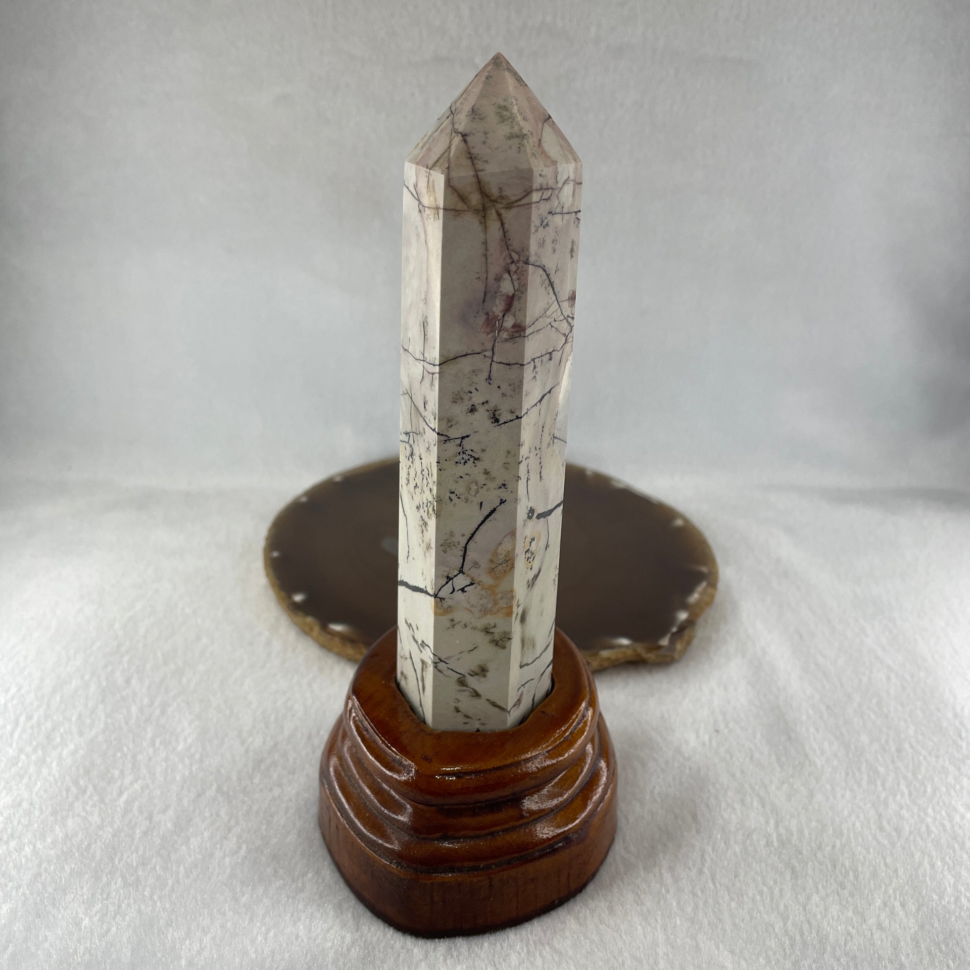 Natural Ligh Brown with Dark Brown Patches Dendritic Jasper Tower with Wooden Stand 403.60g 84.0 by 75.9 by 175.0mm - Huangs Jadeite and Jewelry Pte Ltd