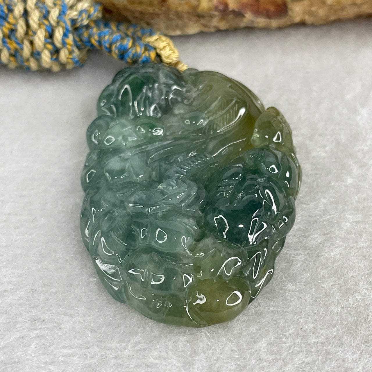 Certified Natural Type A Icy Blueish Green & Yellow Jadeite Phoenix with Lotus Flowers Pendant | Supreme Success, Rebirth & Spiritual Ascension Amulet (23.96g | 51.0x33.5x9.1mm)