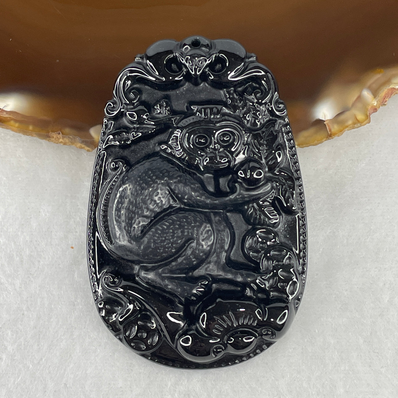 Certified Type A Opaque Black Omphacite Jadeite Monkey, Bat & Ruyi Pendant | Intelligence, Swift Fortune & Authority Talisman (30.05g | 59.7 x 39.9 x 9.8mm)