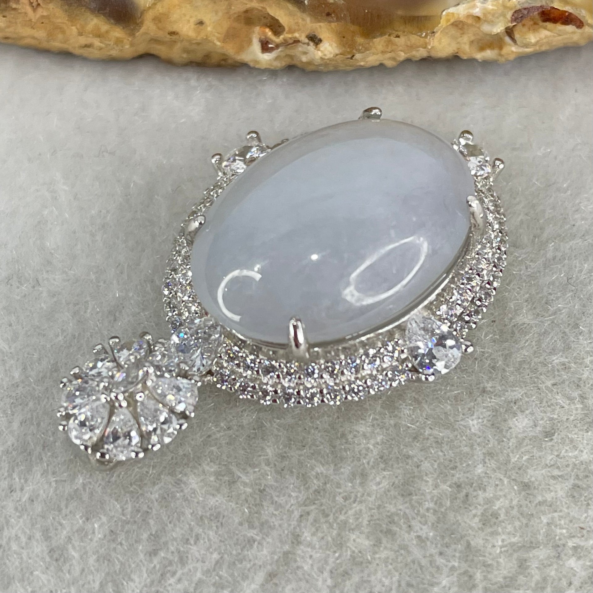 Type A Lavender Cabochon Jadeite in S925 Sliver with Crystal Charm 6.19g 18.7 by 14.6 by 6.5mm - Huangs Jadeite and Jewelry Pte Ltd
