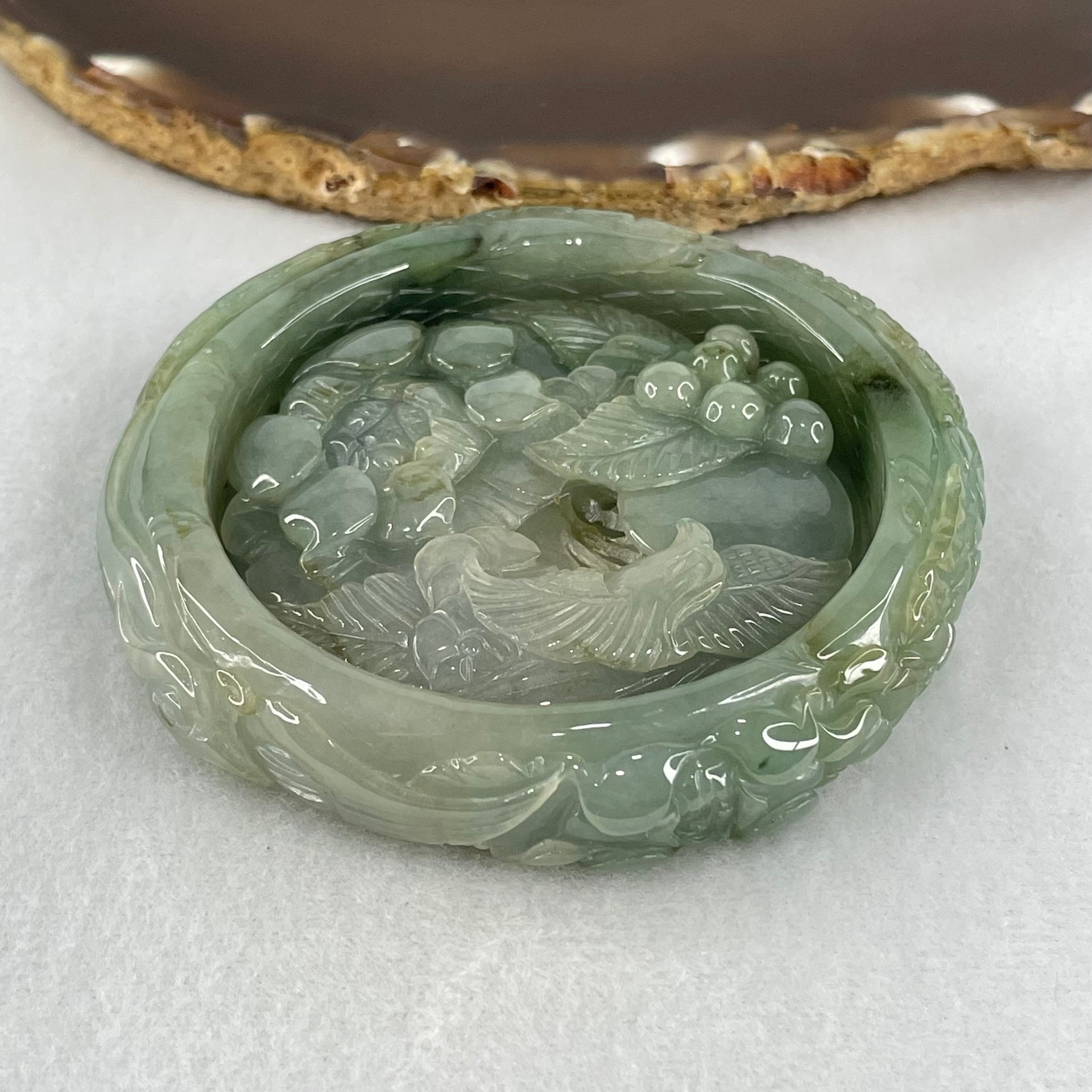 Type A Blueish Green Jadeite Phoenix with Prosperity Flowers Bangle Inner Diameter 57.2mm 12.4 by 10.6mm and Pendant 55.6 by 12.4mm Total Weight 124.77g - Huangs Jadeite and Jewelry Pte Ltd