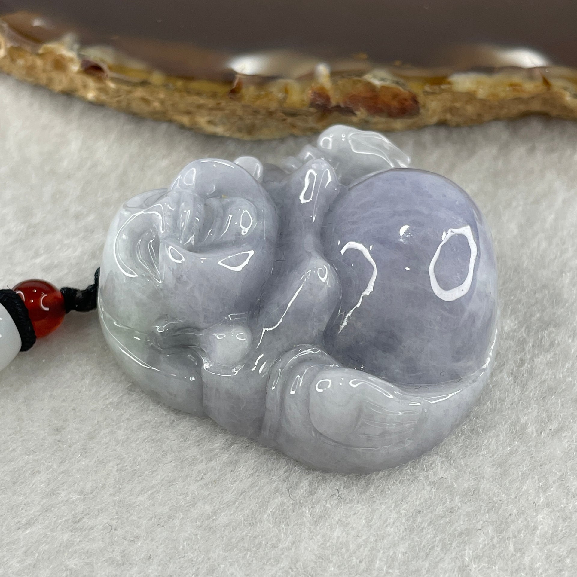 Natural Type A Lavender with Green Spots Jadeite Milo Laughing Buddha Pendant 45.90g 42.3 by 42.9 by 15.8mm - Huangs Jadeite and Jewelry Pte Ltd