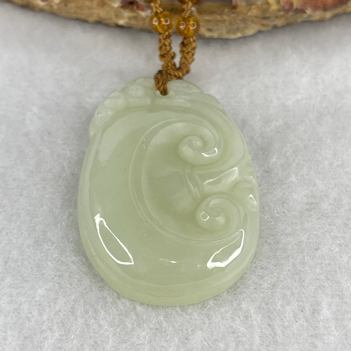 Natural White Nephrite Ruyi Pendant with Pebble Beads Necklace | 56cm Length with 31 Beads 4.0mm (26.50g | 41.3x27.1x7.2mm Pendant | Crown & Heart Chakra Harmony, "As You Wish" Success & Pure Earth Serenity Shield)