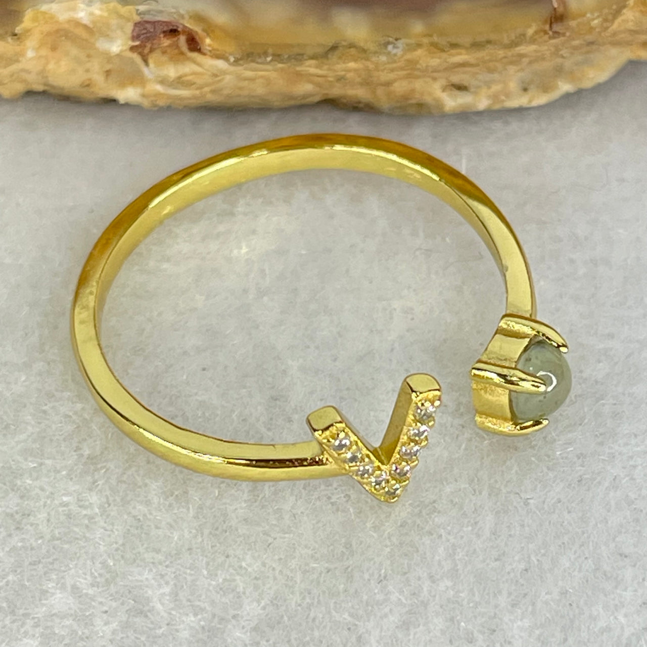 Type A Semi Icy Green Cabochon Jadeite in S925 Sliver Gold Color Ring (Adjustable Size) 1.18g 2.6 by 2.0mm - Huangs Jadeite and Jewelry Pte Ltd