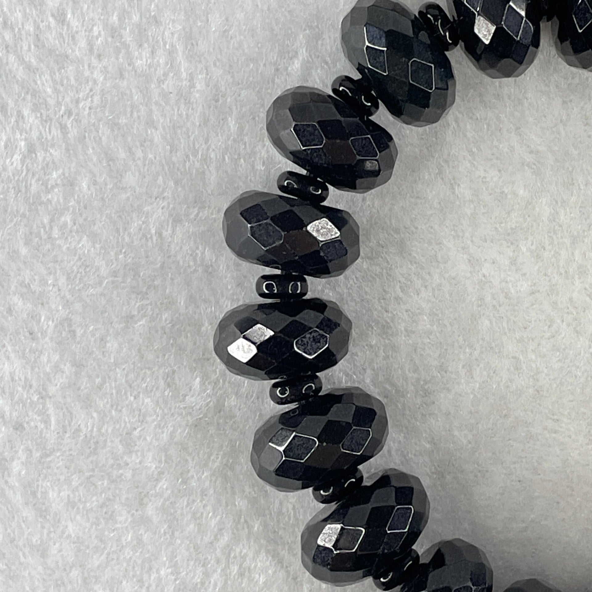 Type A Opaque Black Omphacite Jadeite Faceted Donut Ping An Kou Shape Beads Bracelet 59.39g 15cm 14.3mm 19 Beads - Huangs Jadeite and Jewelry Pte Ltd