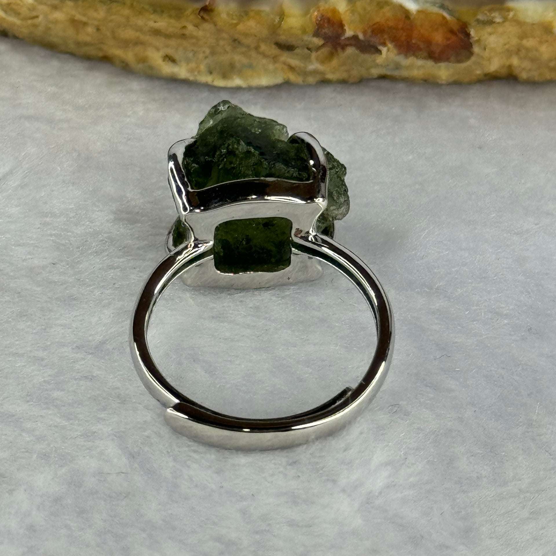 Natural Czech Republic Moldavite Meteorite Crystal in S925 Sliver Ring (Adjustable Size) 天然捷克陨石925银戒指 4.59g 14.0 by 13.3 by 13.5mm - Huangs Jadeite and Jewelry Pte Ltd