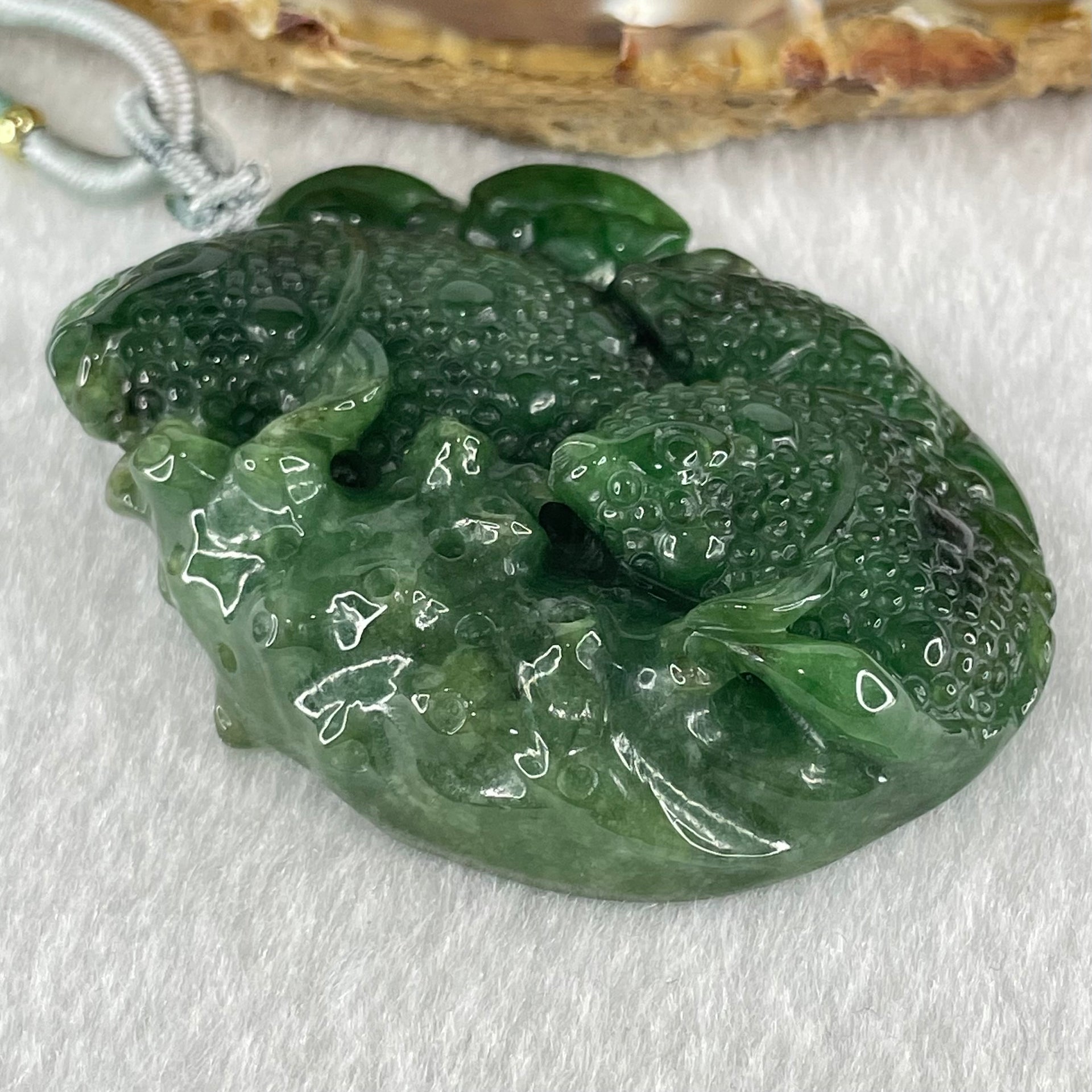 Type A Old Mine Dark Blueish Green Jadeite Double Sided Triple Fish Coin and Ruyi Pendant 41.63g 52.9 by 41.1 by 12.9mm - Huangs Jadeite and Jewelry Pte Ltd