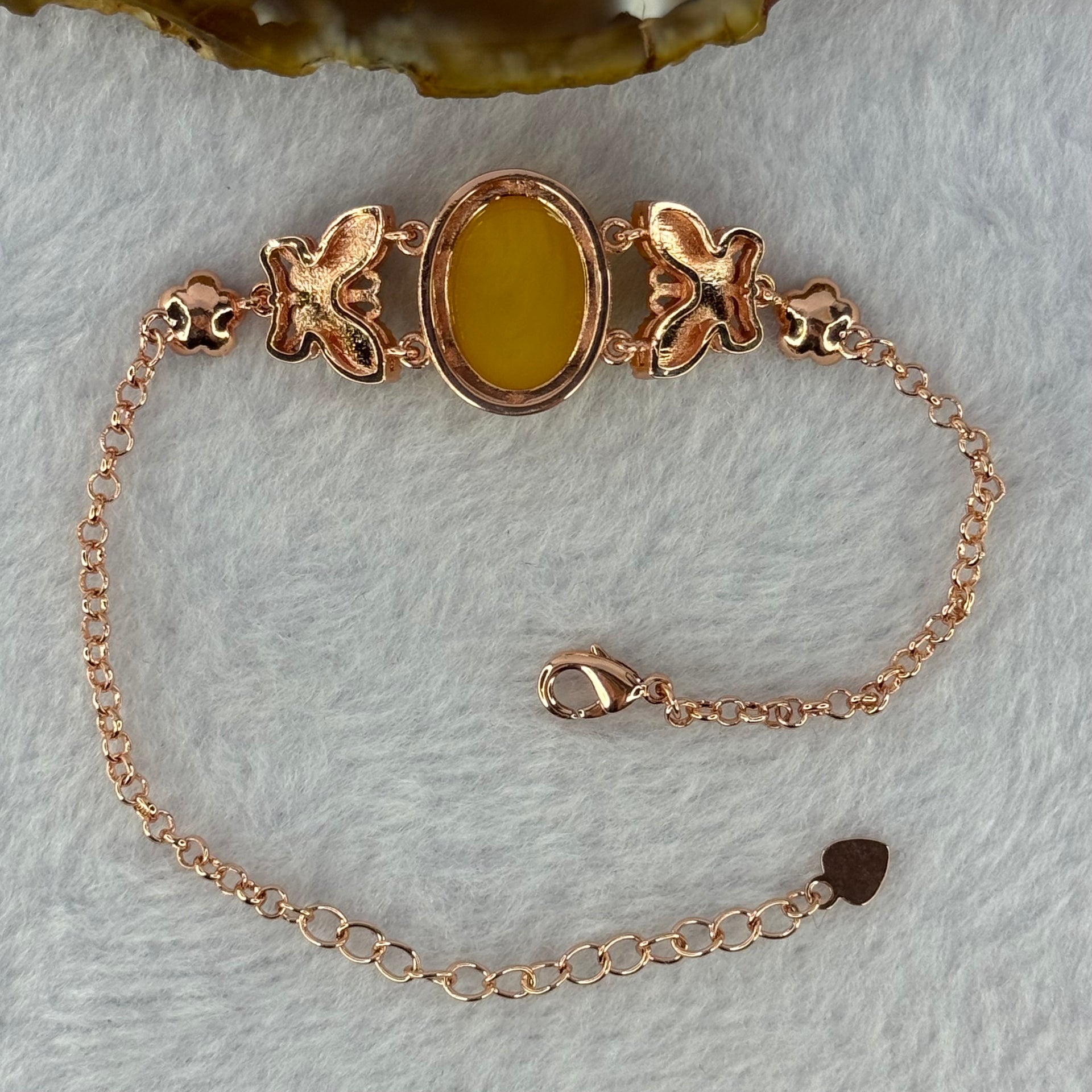 Natural Butterscotch Amber Beads Silver Rose Gold Color Butterfly Bracelet 5.96g 16.7 by 13.0 by 5.5mm - Huangs Jadeite and Jewelry Pte Ltd