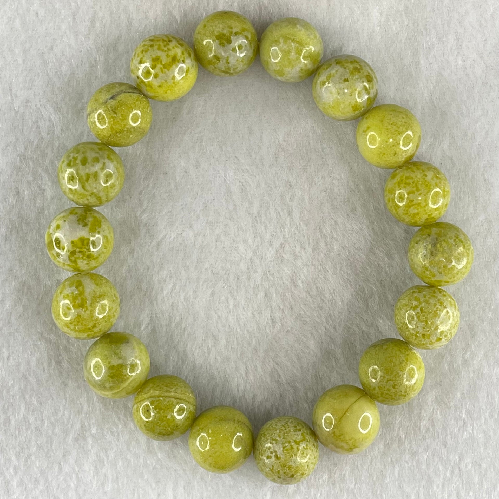 Natural Green Serpentine Jade Beads Bracelet 天然黄山玉手链 42.24g 17.5cm 12.3mm 18 Beads - Huangs Jadeite and Jewelry Pte Ltd