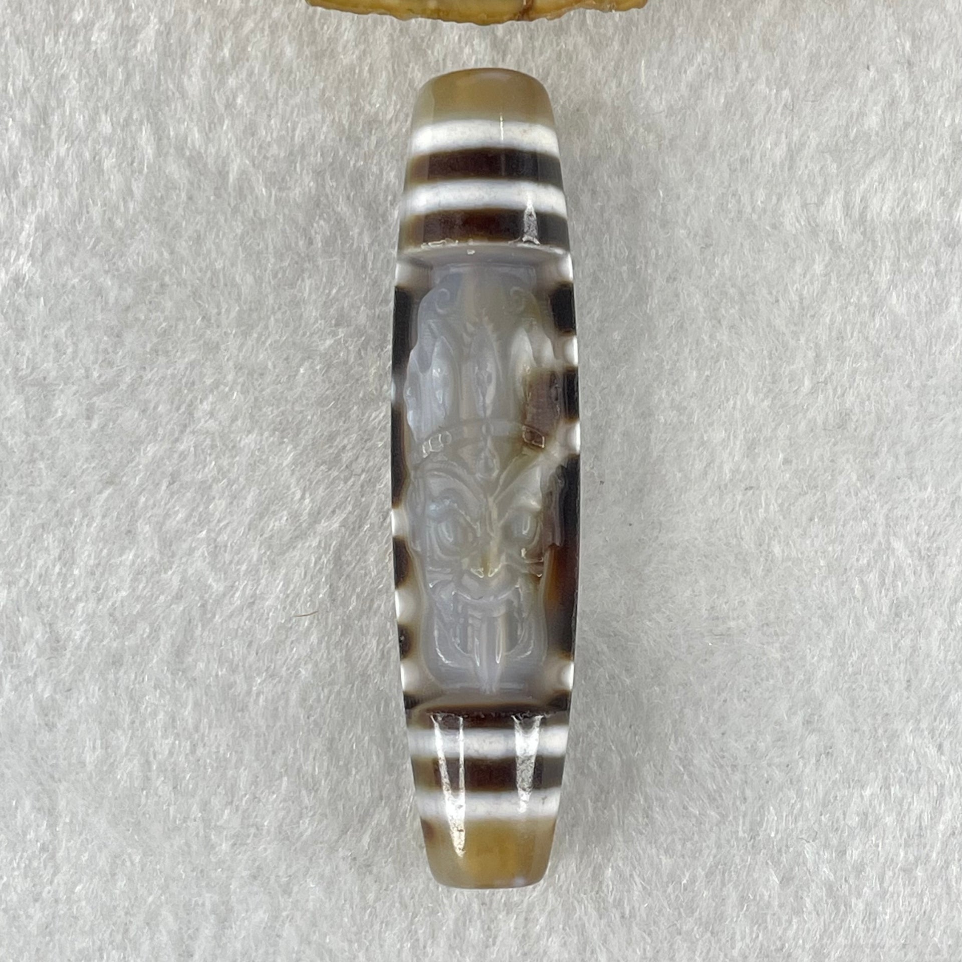 Natural Powerful Tibetan Old Oily Agate 2 Eye with Zha Ji La Mu Female Cai Shen Carvings Dzi Bead Heavenly Master (Tian Zhu) 两眼扎基拉姆女财神天诛 13.65g 57.7 by 13.5mm - Huangs Jadeite and Jewelry Pte Ltd