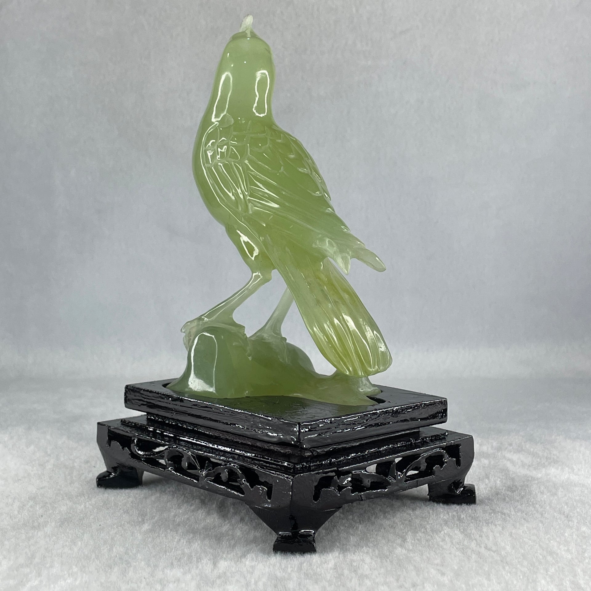 Natural Green Serpentine Javan Mynah Birds on Tree with Wooden Stand Display 291.4g 99.0 by 153.8 by 78.0mm - Huangs Jadeite and Jewelry Pte Ltd