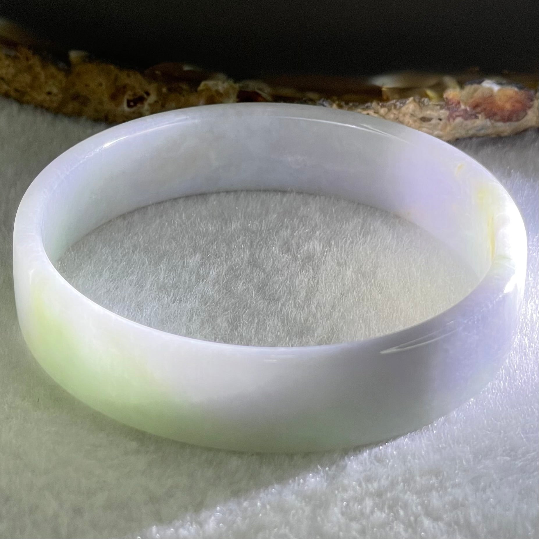Type A Green Lavender with Yellow Spot Jadeite Flat Round Bangle 24.42g Internal Diameter 52.7mm 12.4 by 4.1mm - Huangs Jadeite and Jewelry Pte Ltd