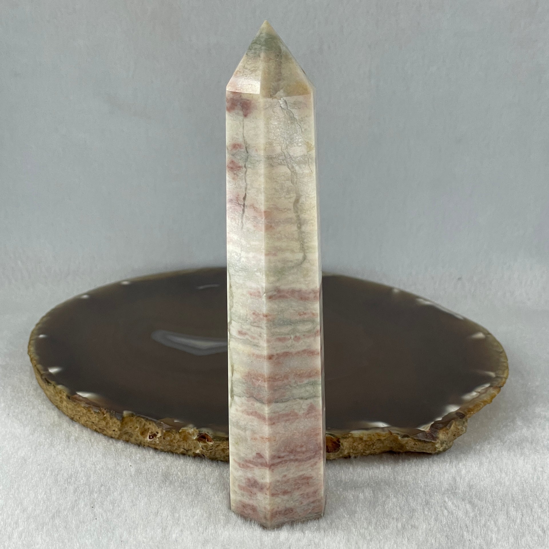 Natural Red White Calcite Tower Display 166.18g 30.4 by 25.7 by 128.2mm - Huangs Jadeite and Jewelry Pte Ltd