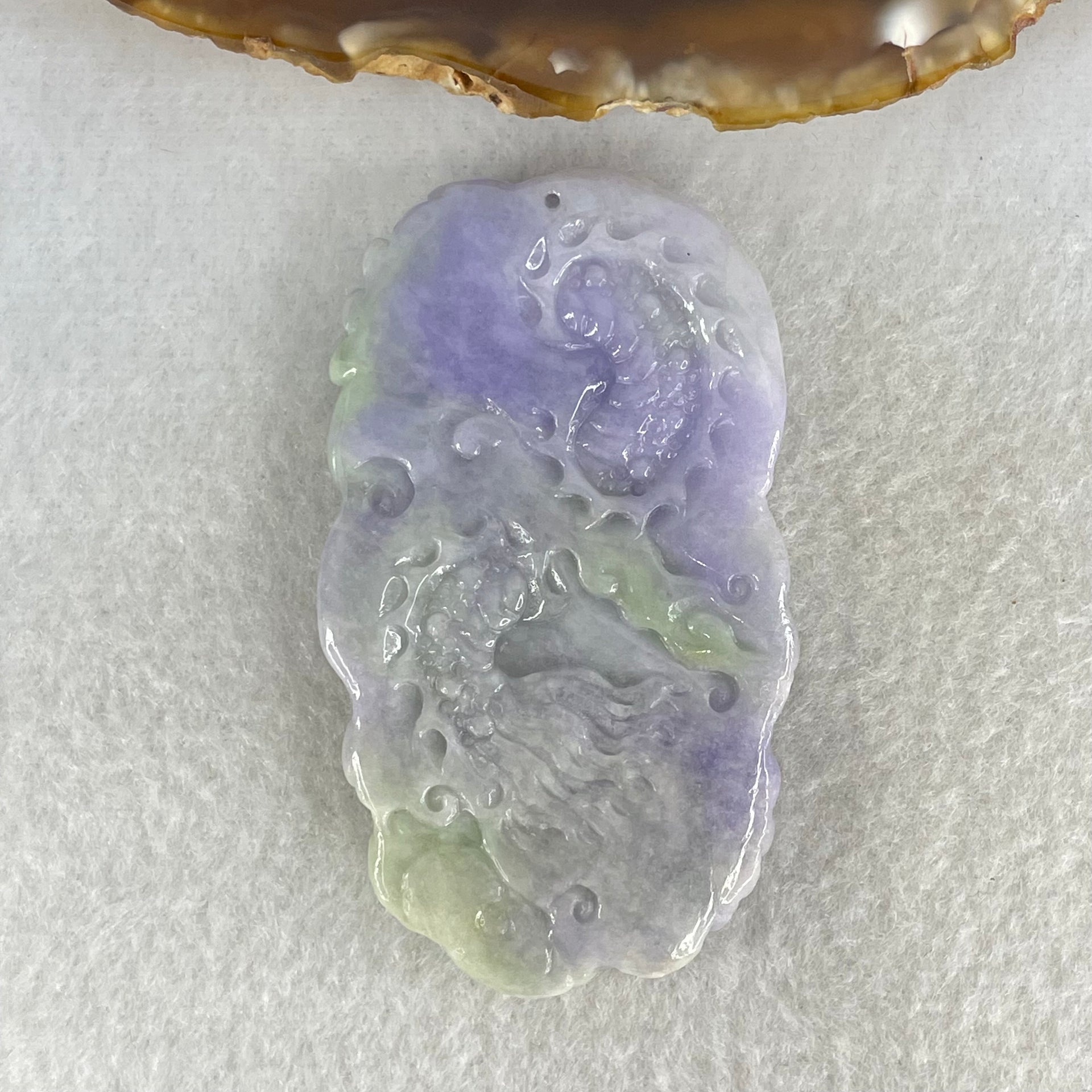 Type A Bright Intense Lavender Green Jadeite Double Sided Dragon with Benefactor Pendant 39.73g 65.0 by 37.4 by 9.8mm - Huangs Jadeite and Jewelry Pte Ltd