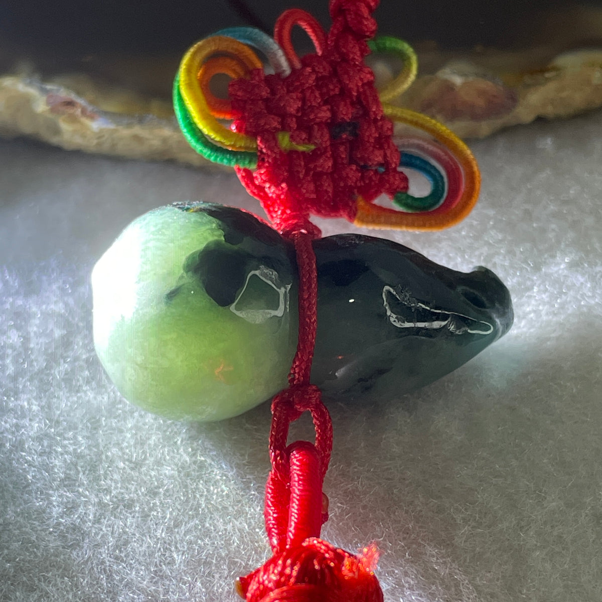 Natural Type A Wuji Black with Green Jadeite Hulu Charm Display | Gourd Health, Wealth Accumulation & Protection Talisman (16.64g | 32.7 x 17.6mm) - Huangs Jadeite and Jewelry Pte Ltd