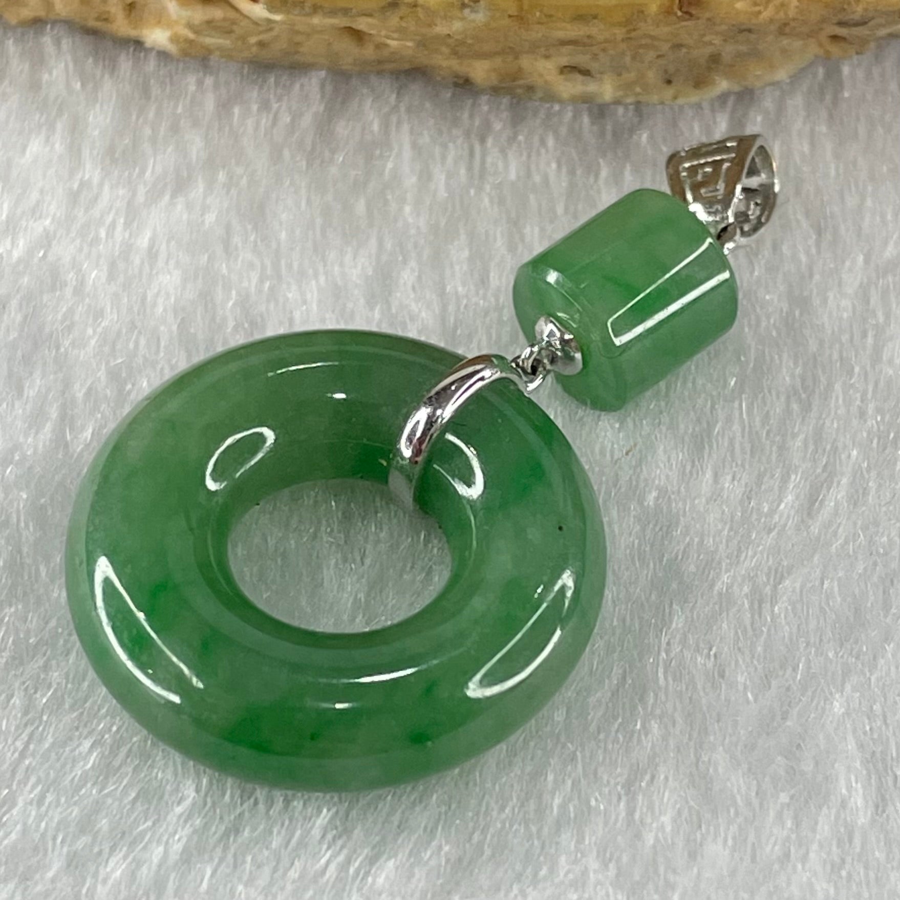 Type A Blueish Green Jadeite Ping An Kou Donut 18.5 by 4.9mm Lulu Tong 5.9 by 6.2mm in 18k White Gold Pendant 3.83g - Huangs Jadeite and Jewelry Pte Ltd