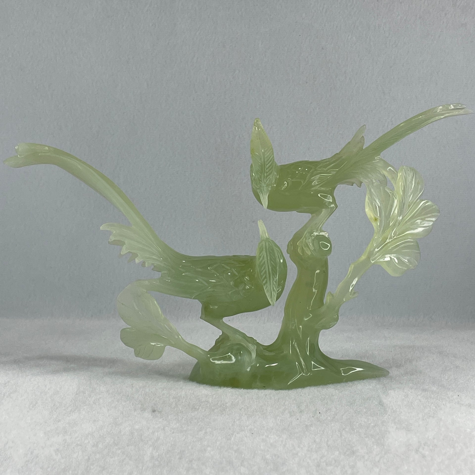 Natural Green Serpentine Double Phoenix with Wooden Stand Display 411.1g 25.0 by 70.0 by 170.0mm - Huangs Jadeite and Jewelry Pte Ltd