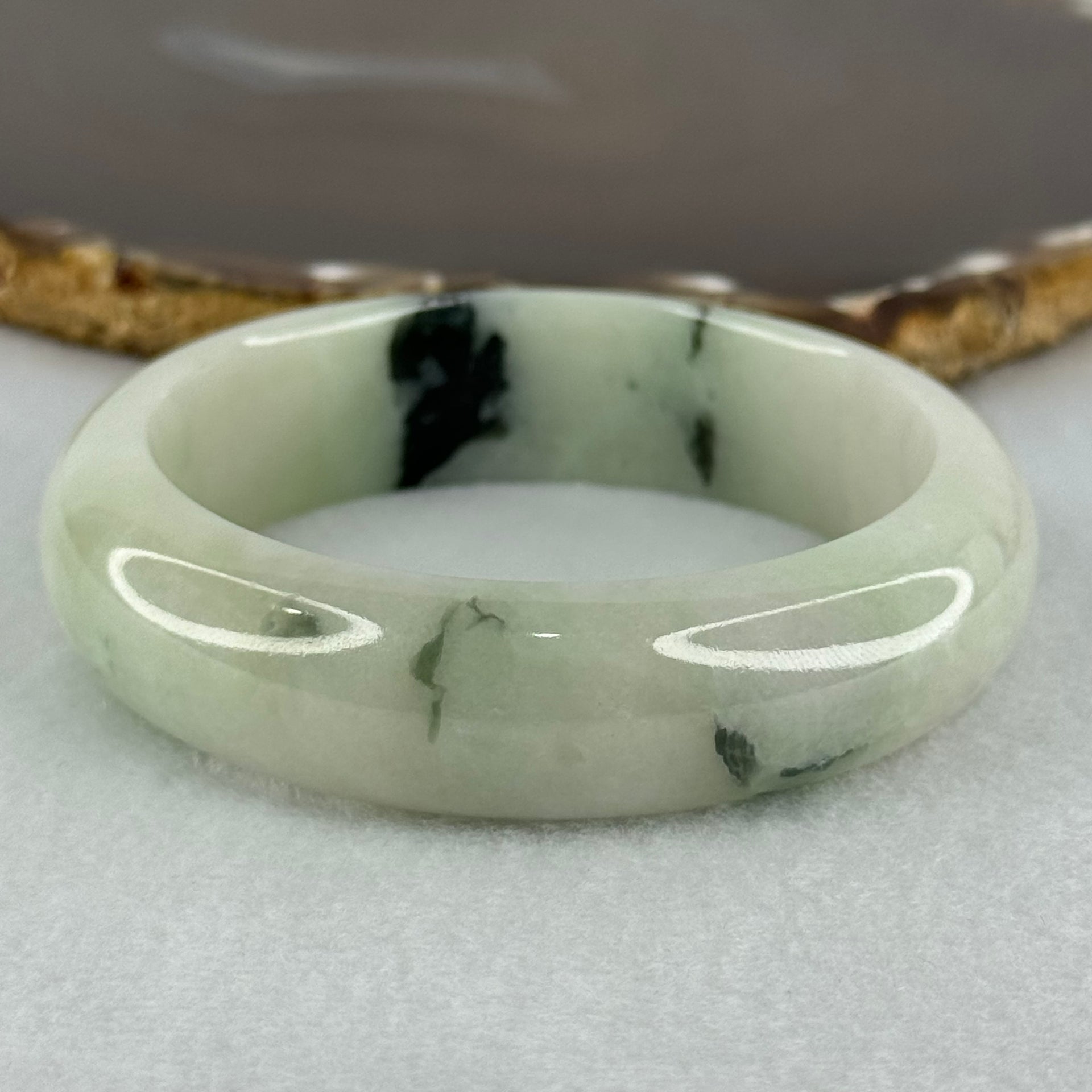 Type A Light Green with Moss Green Patches Jadeite Bangle Internal Diameter 56.5mm 75.29g 16.4 by 8.4mm (Slight Internal Line) - Huangs Jadeite and Jewelry Pte Ltd