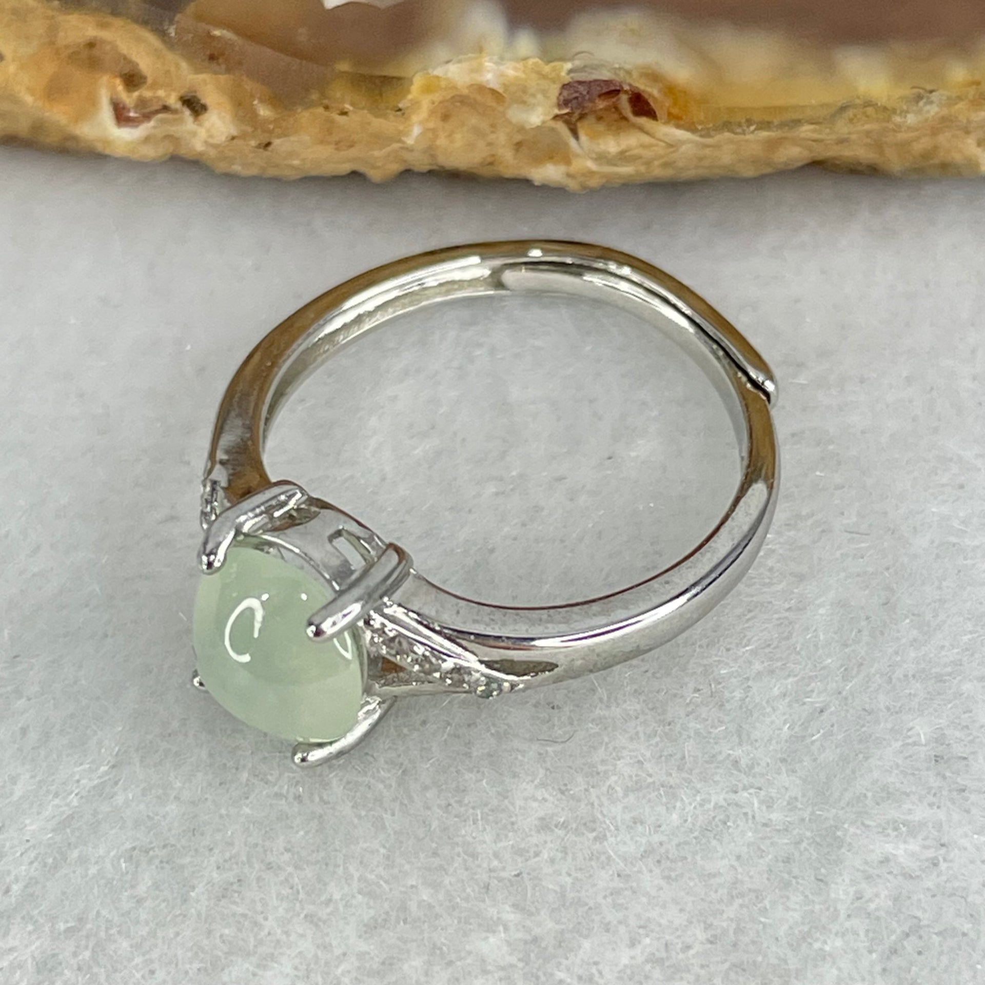 Type A Semi Icy Light Green Jadeite Cabochon in S925 Sliver Ring  (Adjustable Size) 1.70g 7.1 by 6.6 by 3.5mm - Huangs Jadeite and Jewelry Pte Ltd