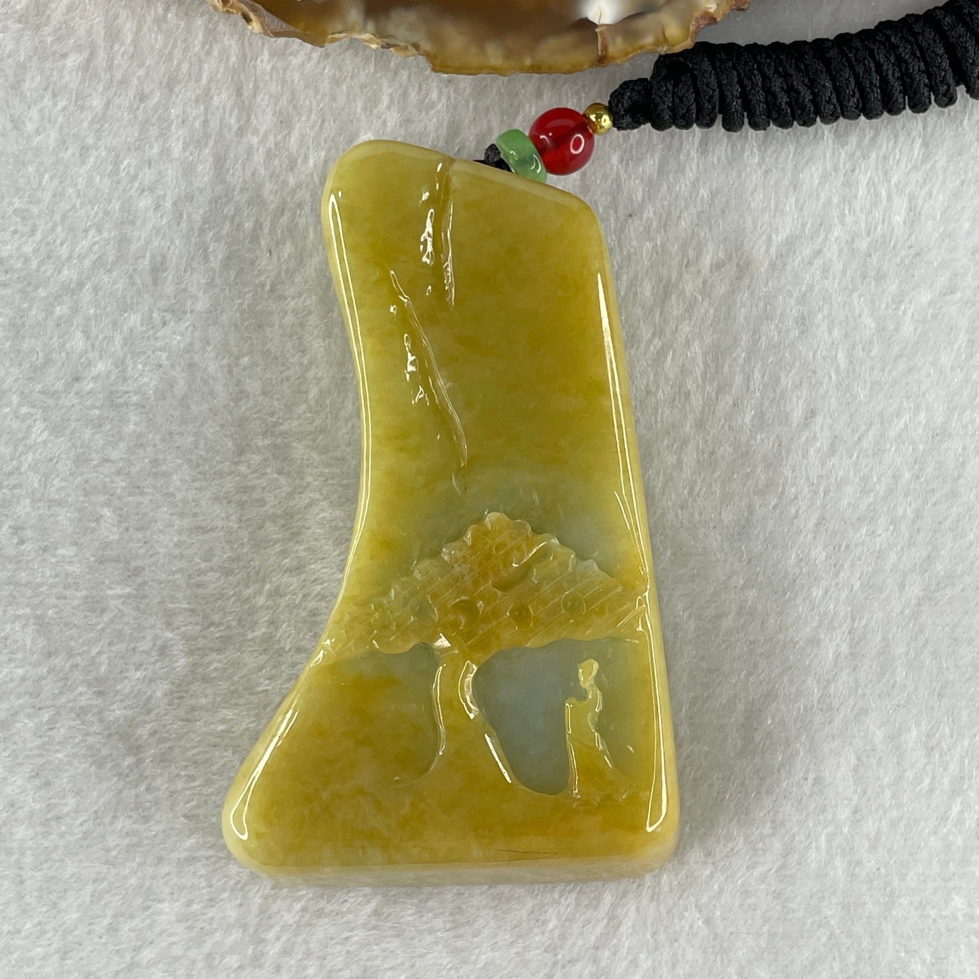 Natural Type A Yellow Jadeite Shan Shui Scenic with Gui Ren Benefactor 99.67g 66.1 by 39.8 by 17.2mm (Burned) - Huangs Jadeite and Jewelry Pte Ltd