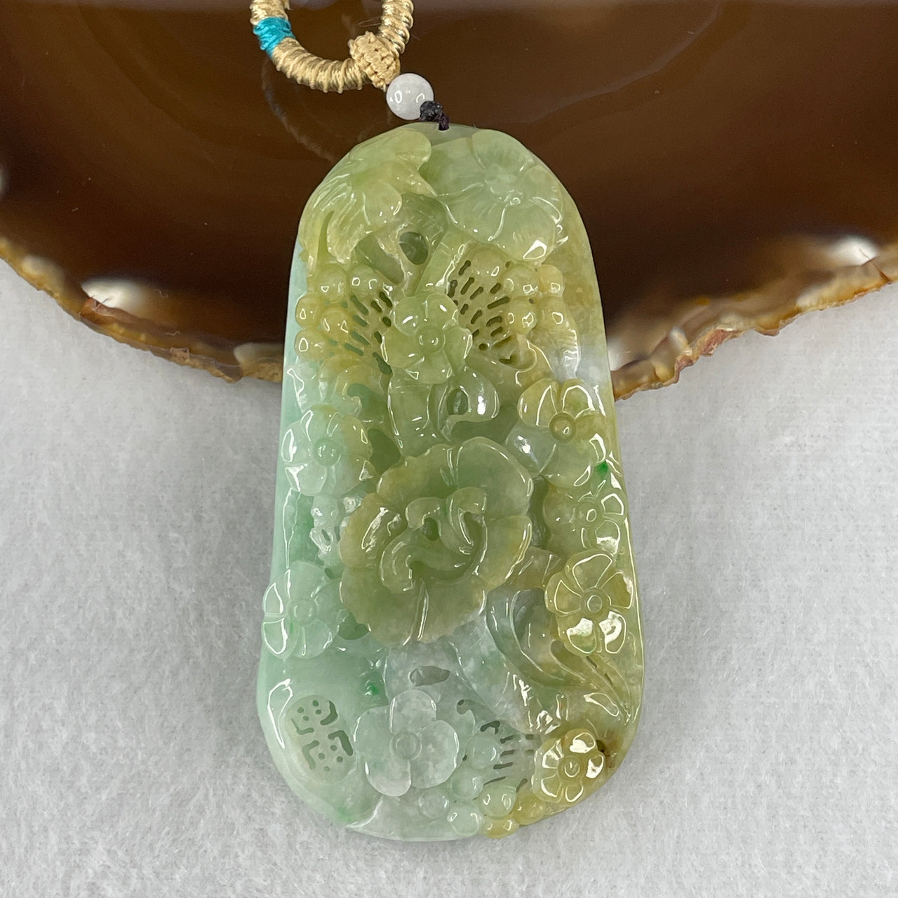 Natural Type A Green & Yellowish Jadeite Birds with Flower Pendant | 100% Untreated Master Carved Fei Cui Statement Talisman (89.42g | 80.9mm × 43.6mm × 12.2mm)