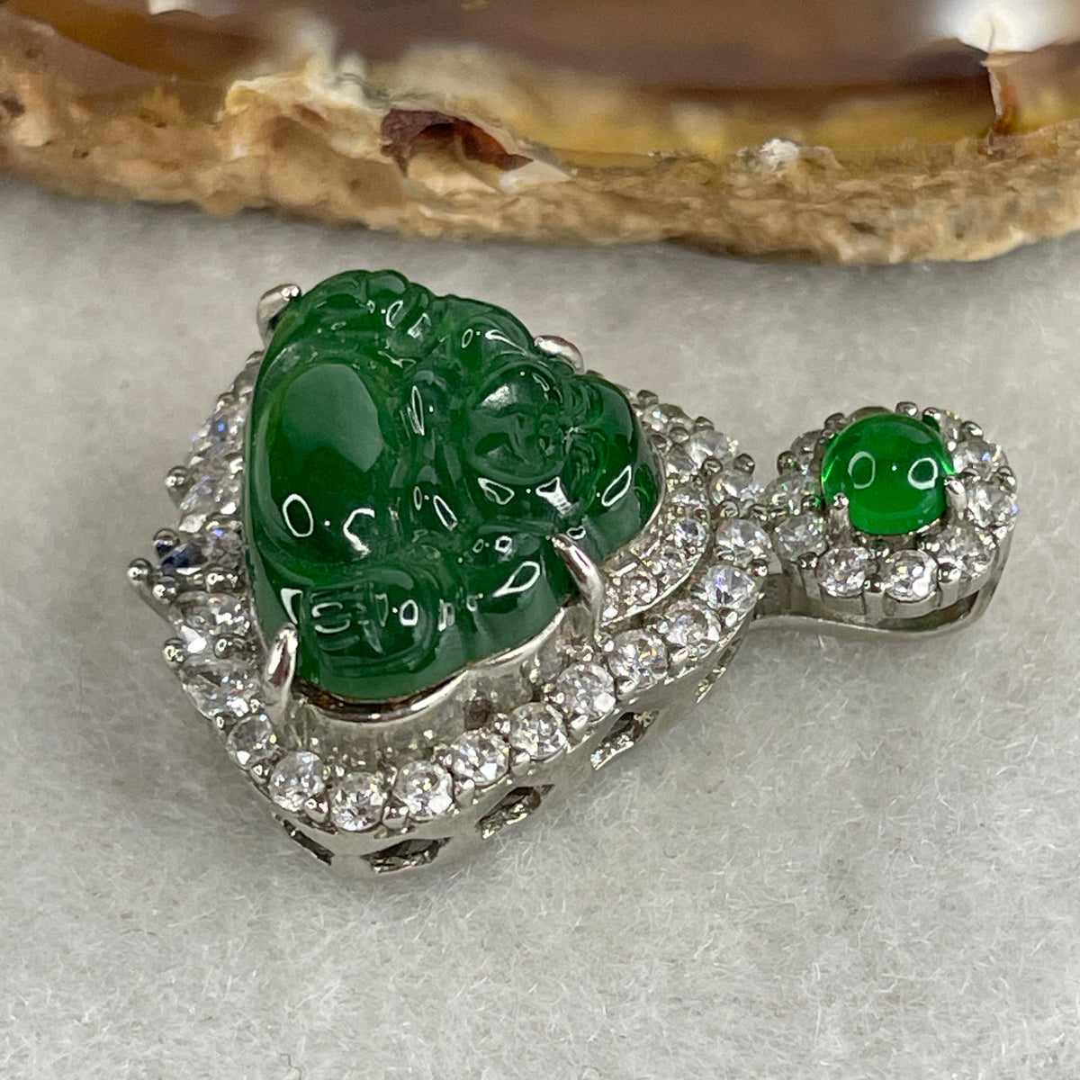 Natural Type A Omphacite Spicy Green Jadeite Milo Buddha Pendant in S925 Silver | (4.47g | 12.5 x 16.5 x 3.0mm | Power Catalyst, Laughing Buddha Joy & Fortune Anchor, Feng Shui Harmony & Abundance Pendant) - Huangs Jadeite and Jewelry Pte Ltd