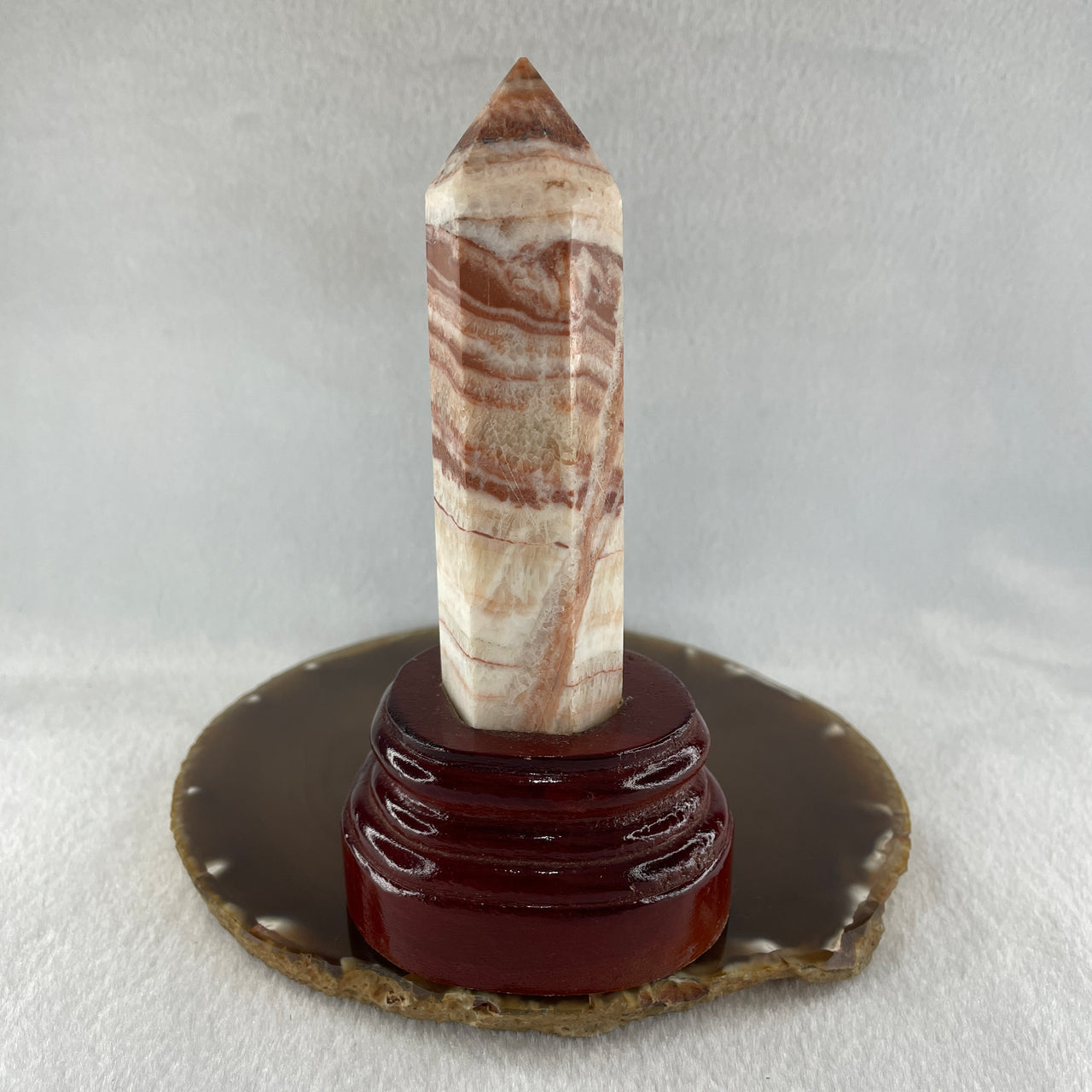 Natural Pink Calcite Tower with Wooden Stand Display 224.79g 73.0 by 62.0 by 147.5mm - Huangs Jadeite and Jewelry Pte Ltd
