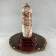 Natural Pink Calcite Tower with Wooden Stand Display 224.79g 73.0 by 62.0 by 147.5mm - Huangs Jadeite and Jewelry Pte Ltd