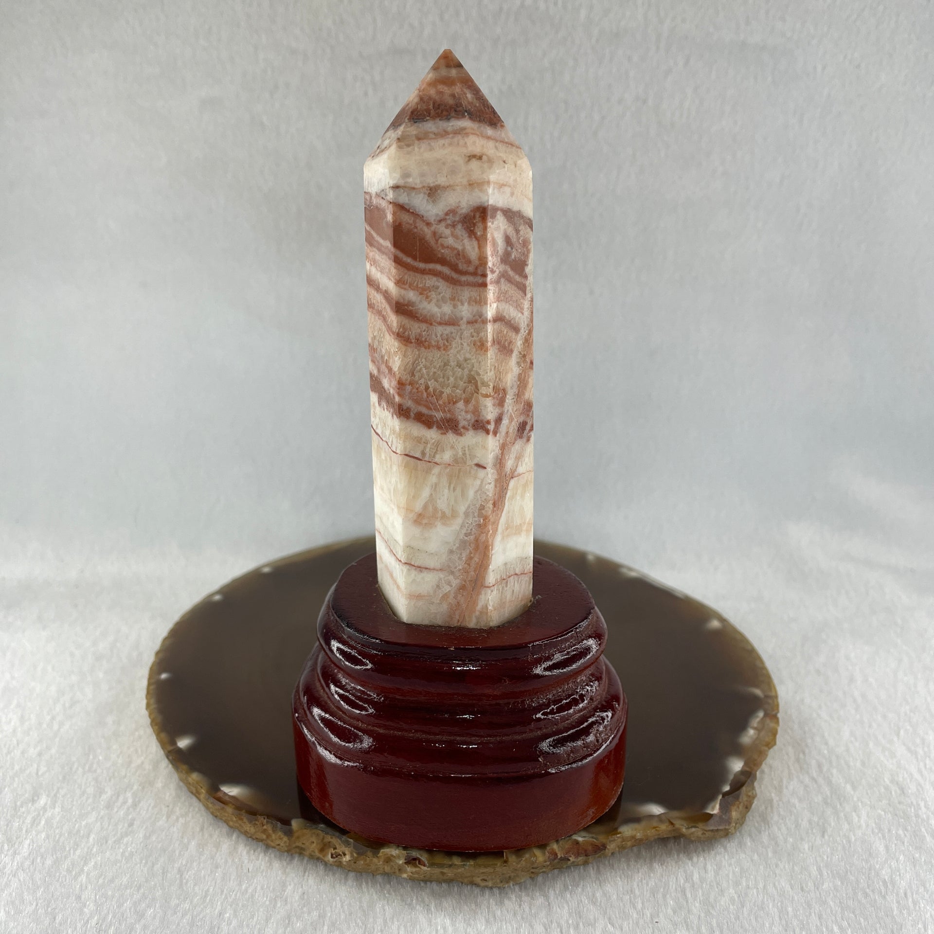 Natural Pink Calcite Tower with Wooden Stand Display 224.79g 73.0 by 62.0 by 147.5mm - Huangs Jadeite and Jewelry Pte Ltd