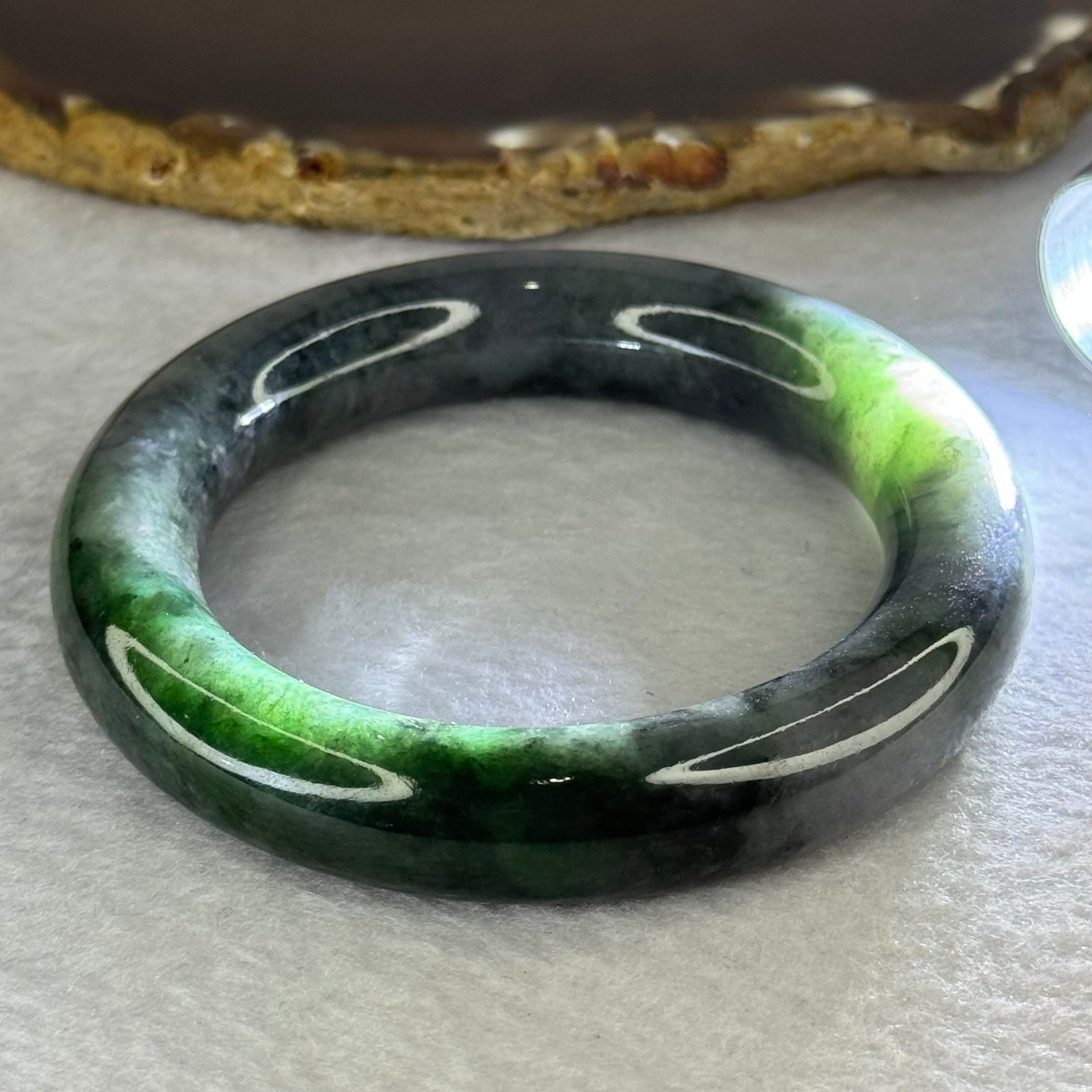 Type A Grey Wuji with Emerald Green Jadeite Bangle Internal Diameter 54.8mm 88.42g 13.5 by 12.0mm (Very Slight Internal Line) - Huangs Jadeite and Jewelry Pte Ltd