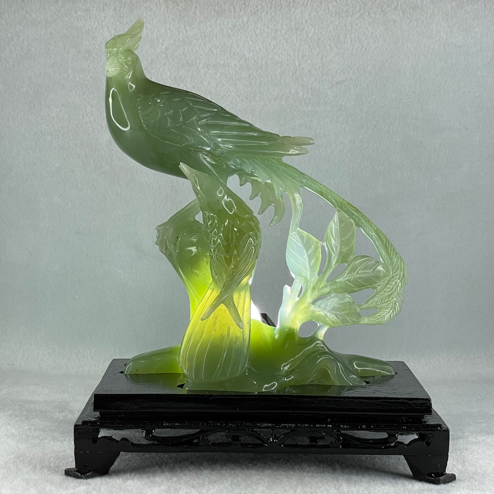 Natural Green Serpentine Double Phoenix on Tree with Wooden Stand Display 725.5g 169.0 by 210.0 by 112.0mm - Huangs Jadeite and Jewelry Pte Ltd