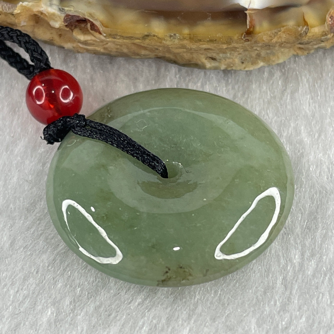 Natural Type A Green Jadeite Ping An Kou Donut Pendant in String Necklace 9.02g 25.2 by 6.3mm