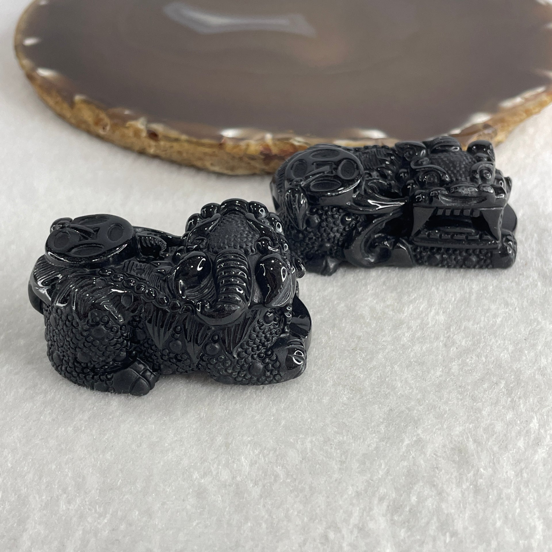 Certified Natural Type A Black Omphacite Jadeite Pixiu pair Pendant Each About 62.04g 50.6 by 28.6 by 21.4mm And 64.08g 50.0 by 27.5 by 22.7mm - Huangs Jadeite and Jewelry Pte Ltd