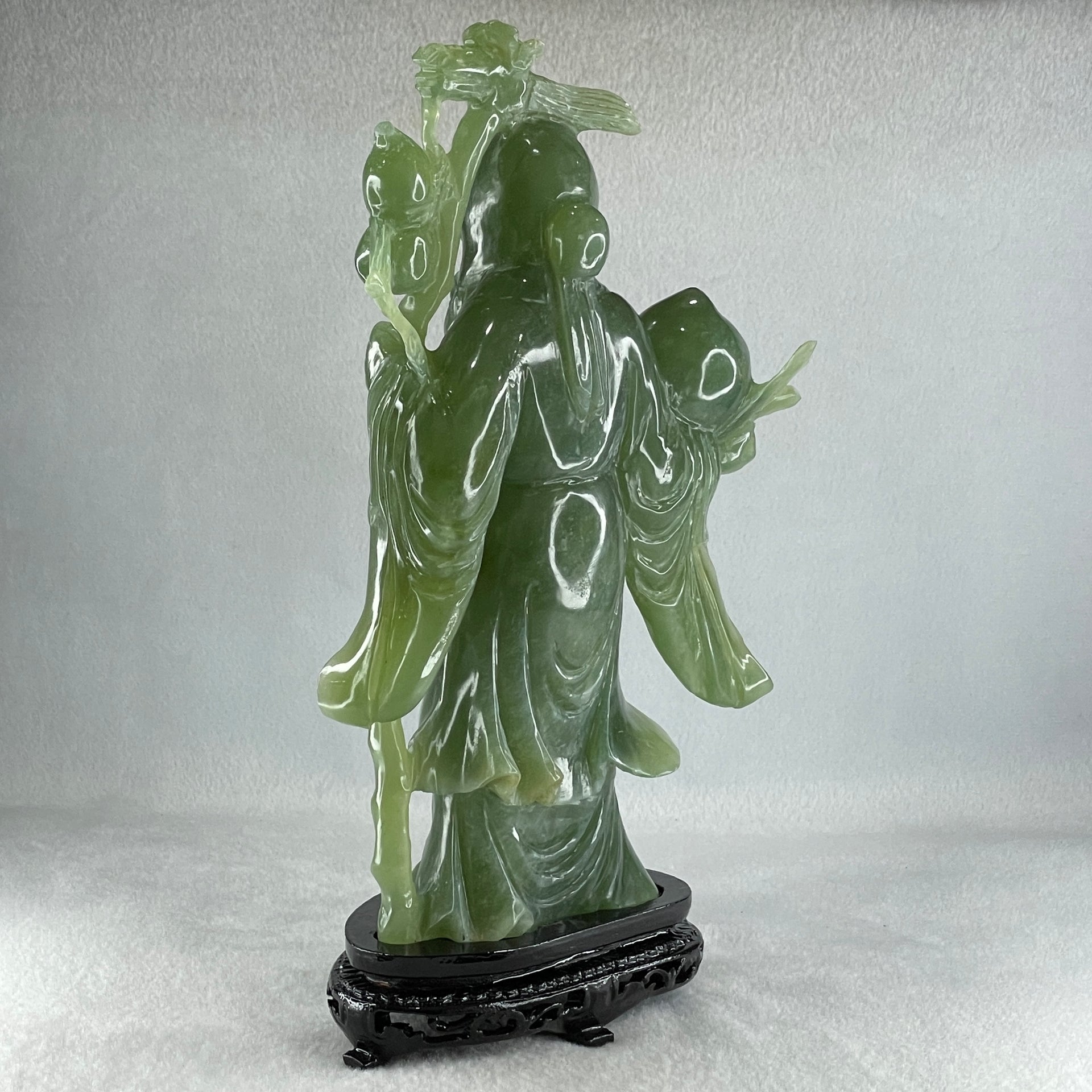 Natural Dark Green Serpentine Shou Xing Gong with Longevity Peach with Wooden Stand Display 1,383.8g 167.0 by 265.0 by 62.0mm - Huangs Jadeite and Jewelry Pte Ltd